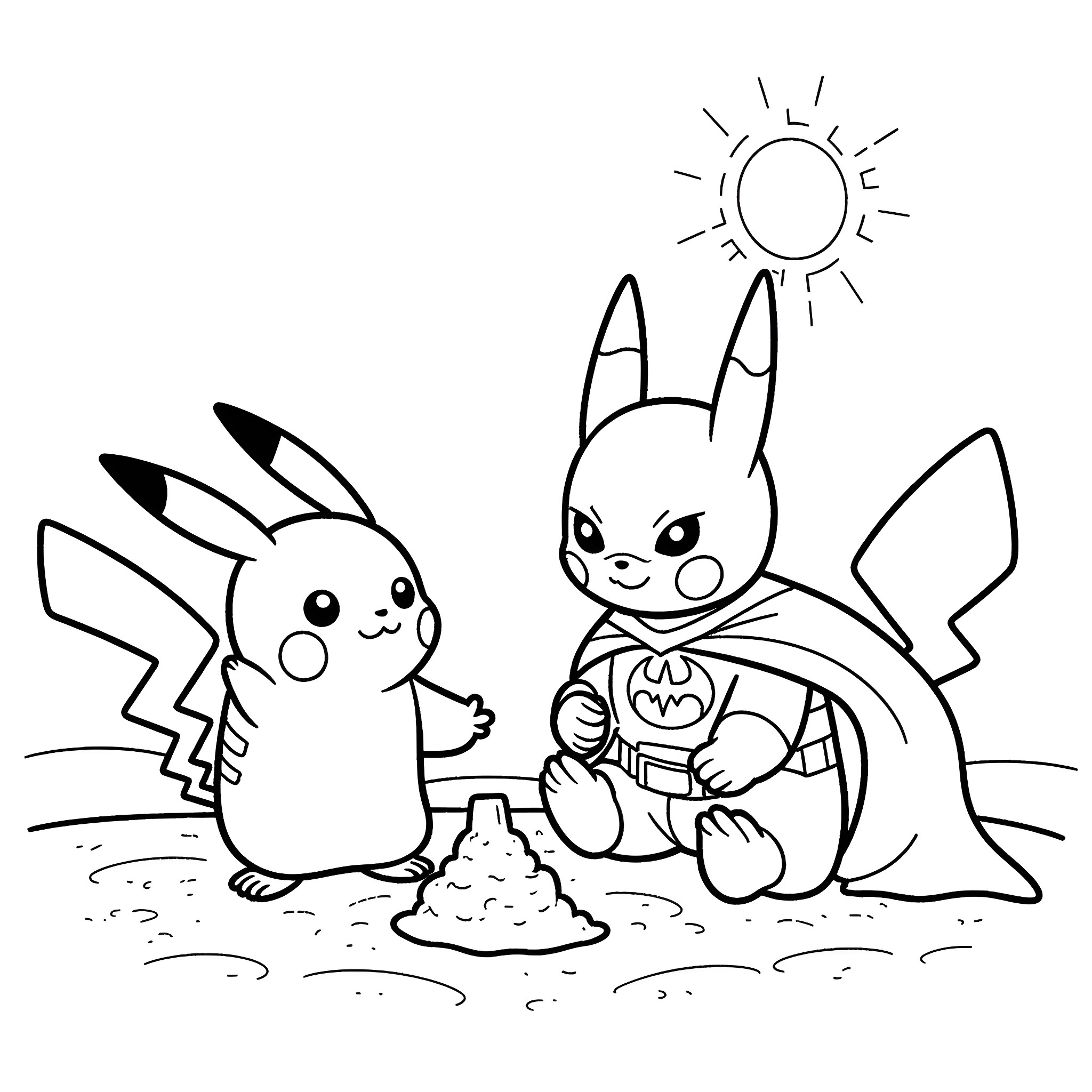 Pikachu and superhero Pikachu playing in the sun Coloring Page (free black-and-white line drawing printable PDF for all, from beginners to advanced learners, including children, teens, adults, and seniors)