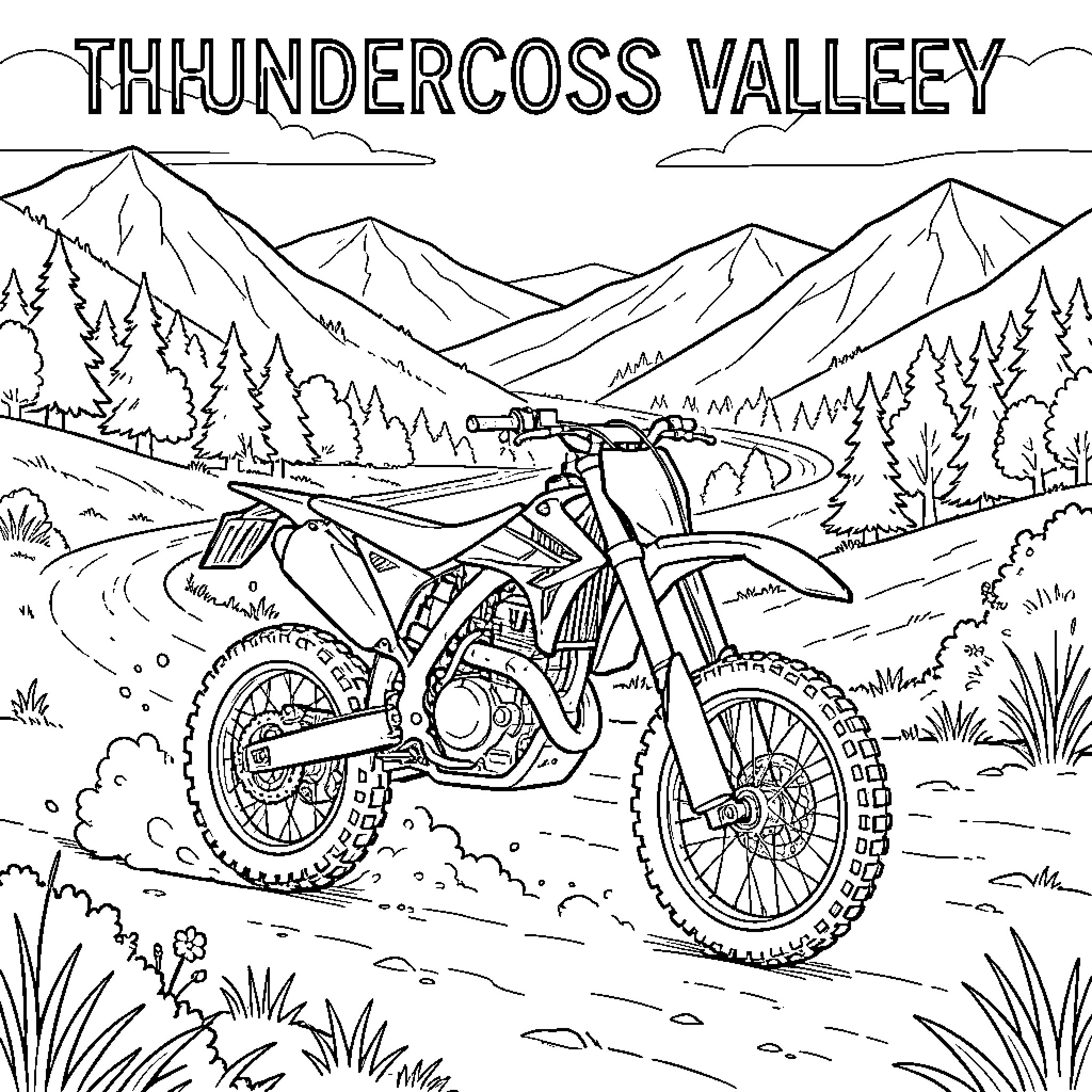 Dirtbike riding on a winding mountain trail Coloring Page (free black-and-white line drawing printable PDF for all, from beginners to advanced learners, including children, teens, adults, and seniors)