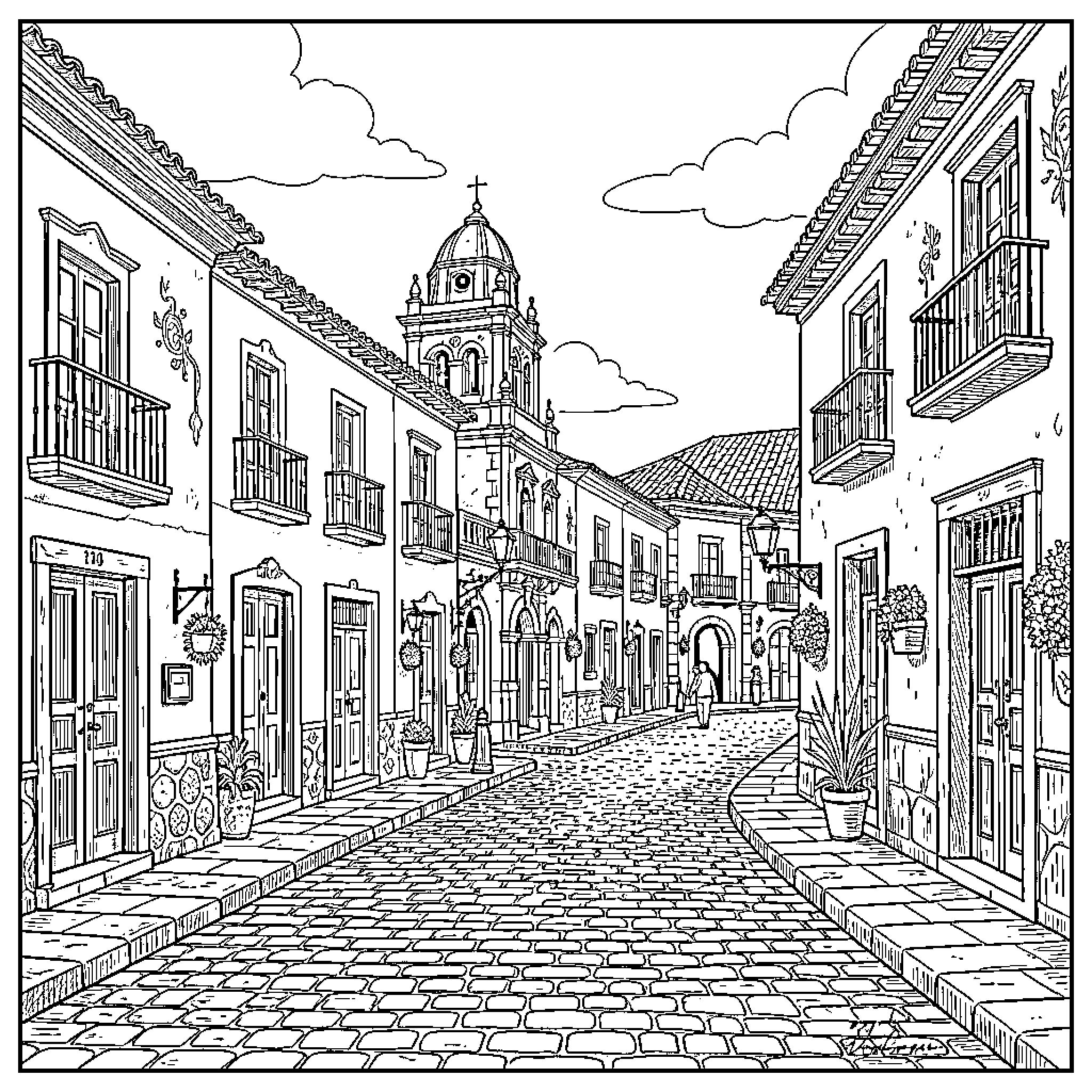 San Miguel de Allende: Historic Colonial Architecture and Cobblestone Streets Coloring Page (free black-and-white line drawing printable PDF for all, from beginners to advanced learners, including children, teens, adults, and seniors)
