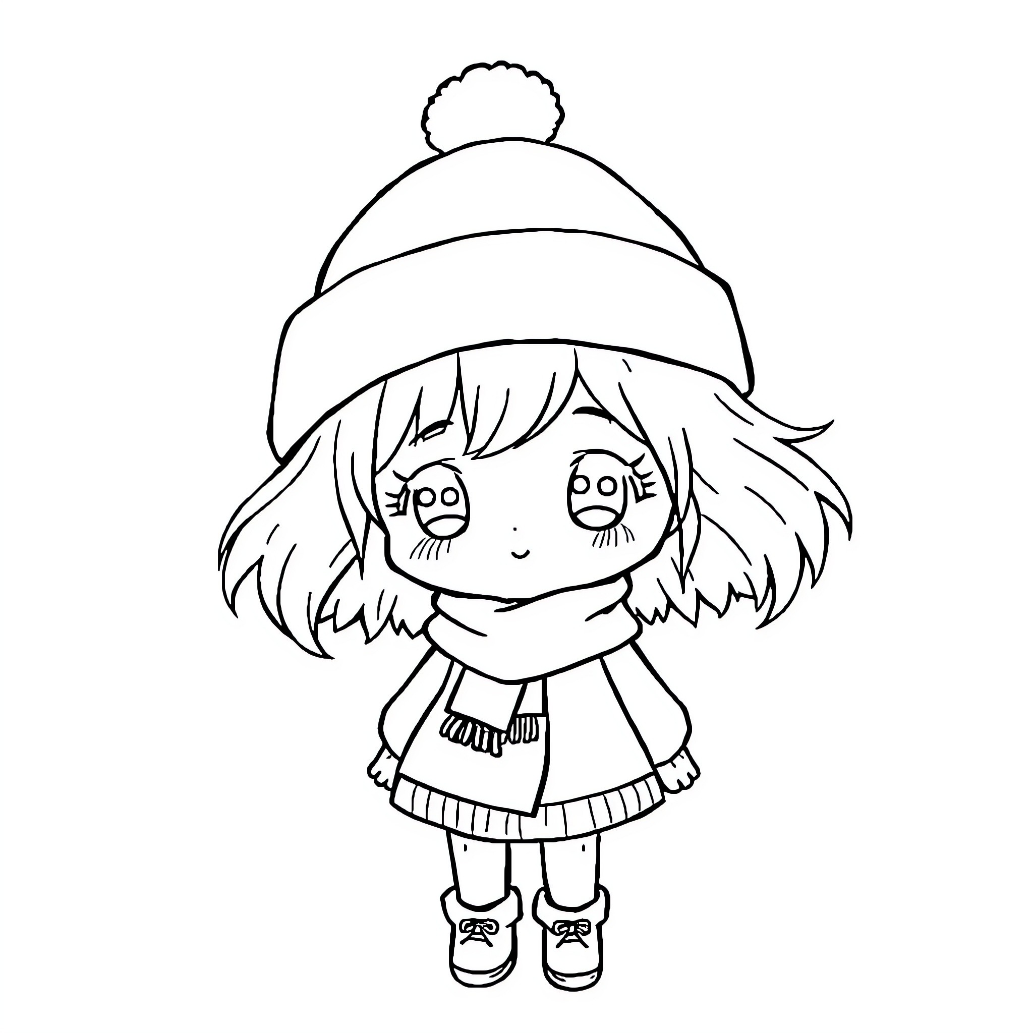 Chibi Girl in Winter Outfit and Hat Coloring Page (free black-and-white line drawing printable PDF for all, from beginners to advanced learners, including children, teens, adults, and seniors)
