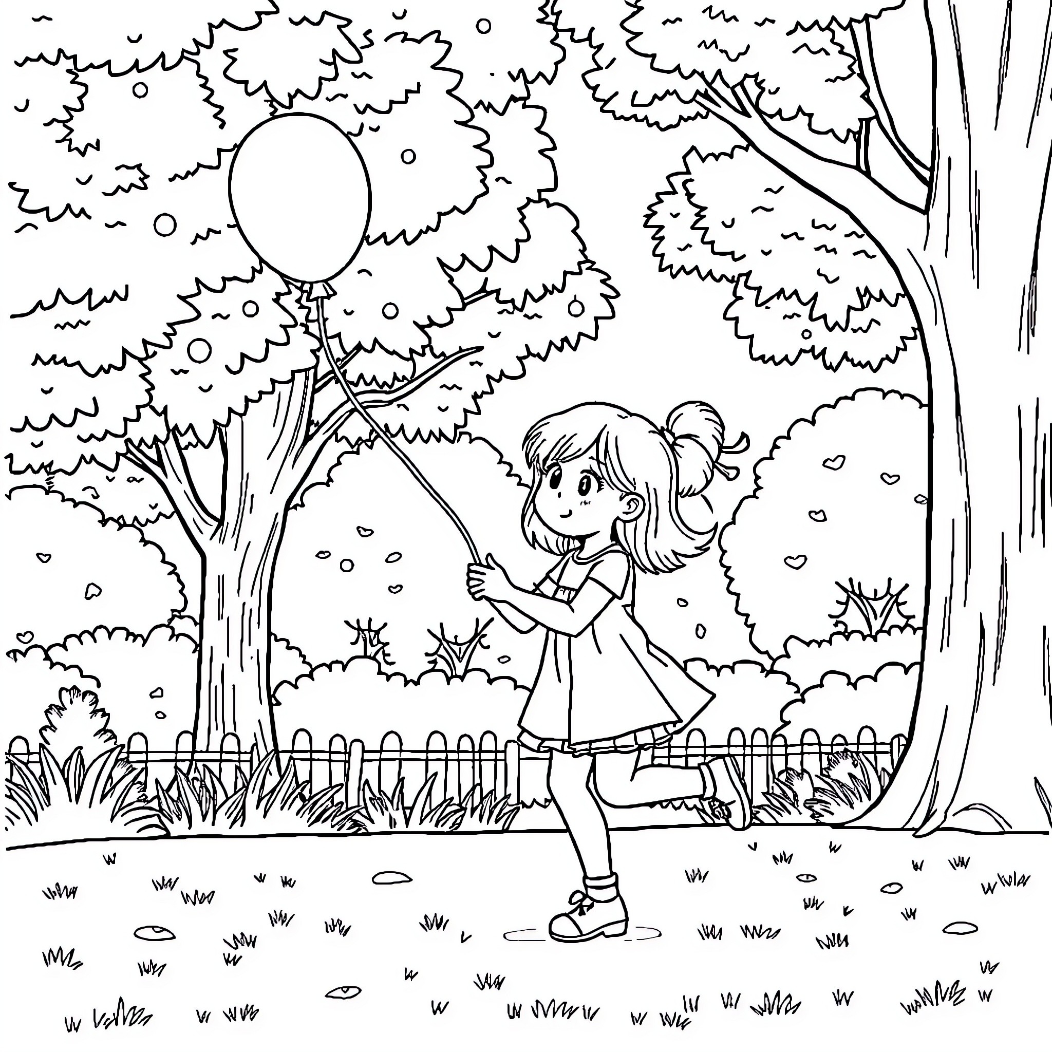 Girl playing with a balloon in the park Coloring Page (free black-and-white line drawing printable PDF for all, from beginners to advanced learners, including children, teens, adults, and seniors)