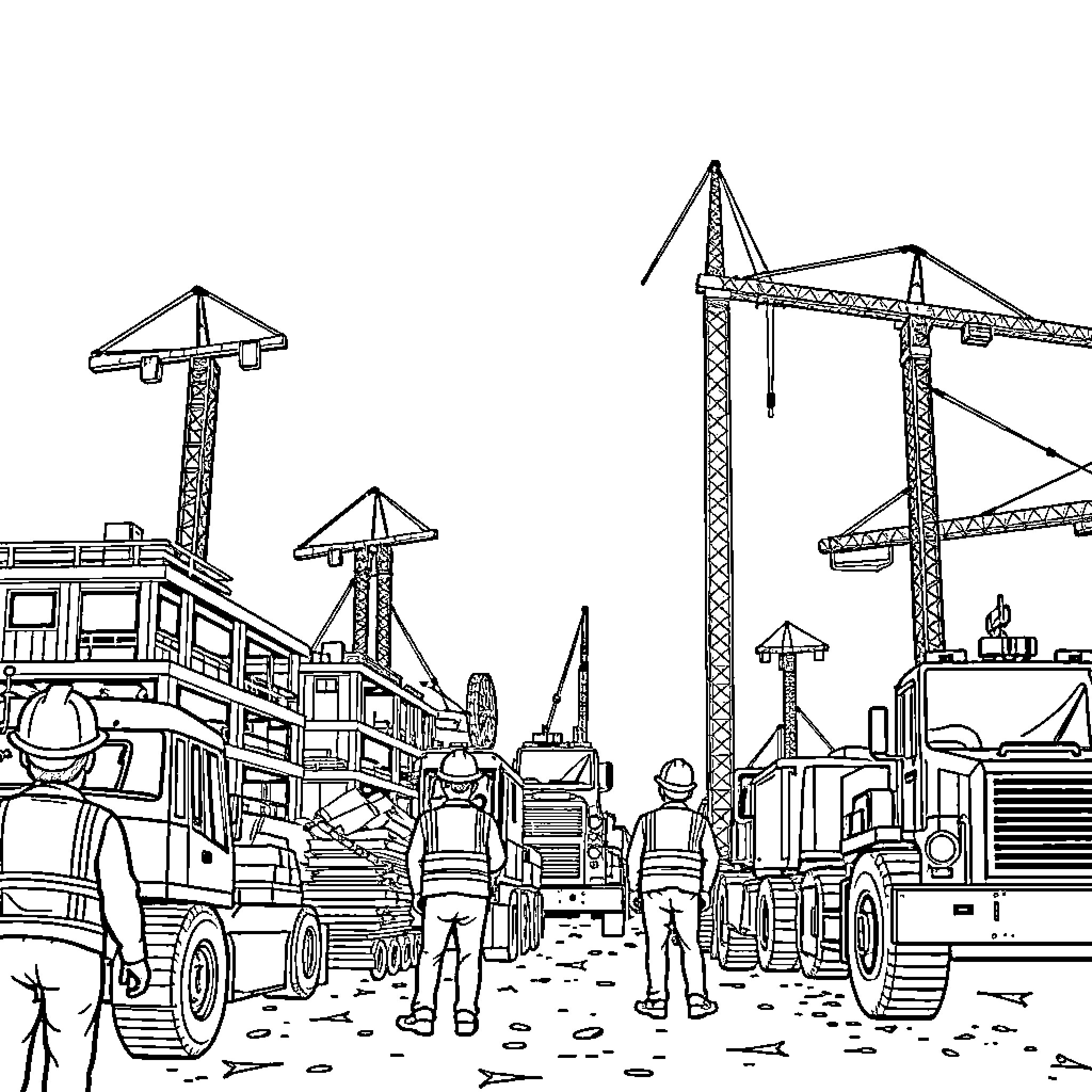 Construction workers and equipment at a busy work site Coloring Page (free black-and-white line drawing printable PDF for all, from beginners to advanced learners, including children, teens, adults, and seniors)