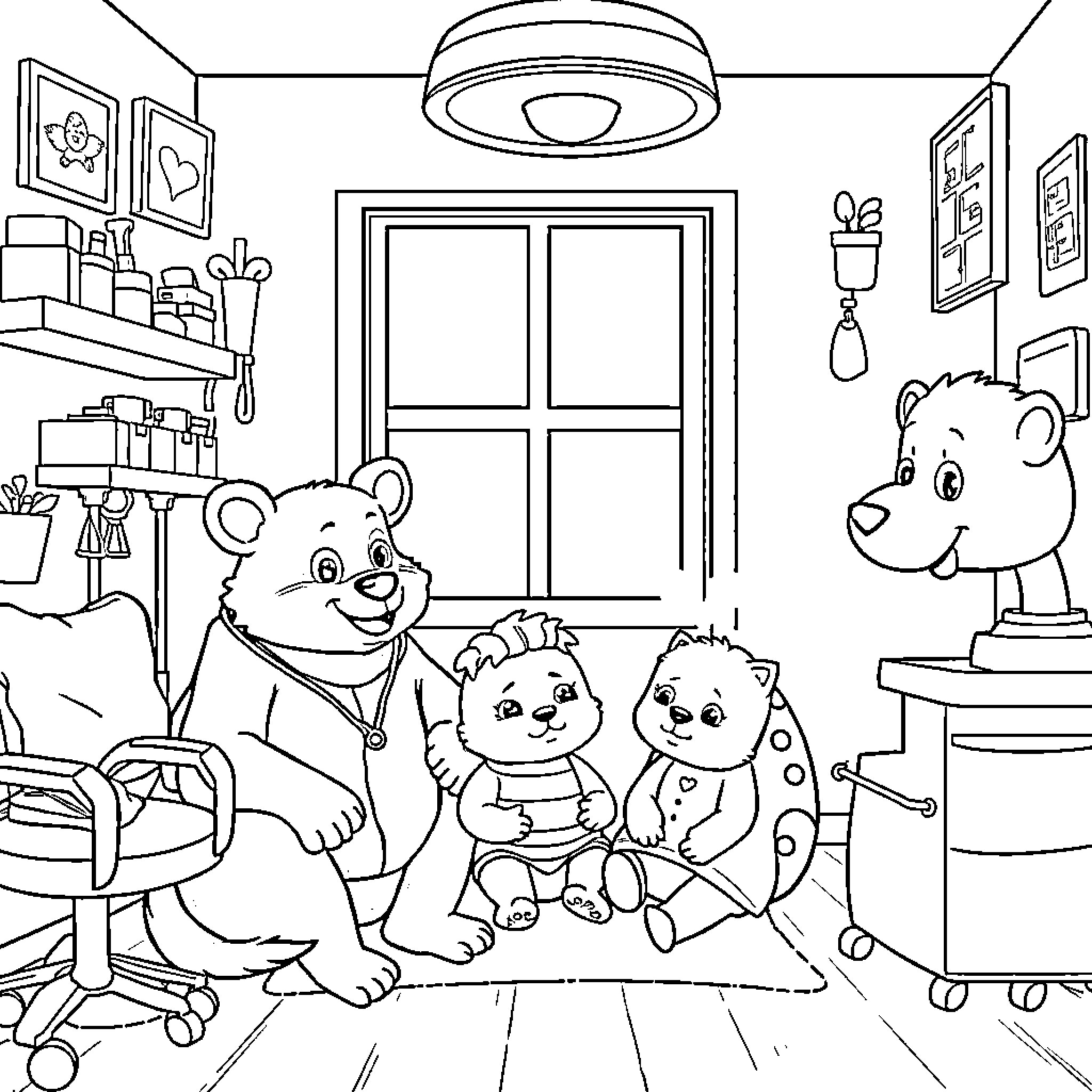Animal family relaxing together in cozy home Coloring Page (free black-and-white line drawing printable PDF for all, from beginners to advanced learners, including children, teens, adults, and seniors)