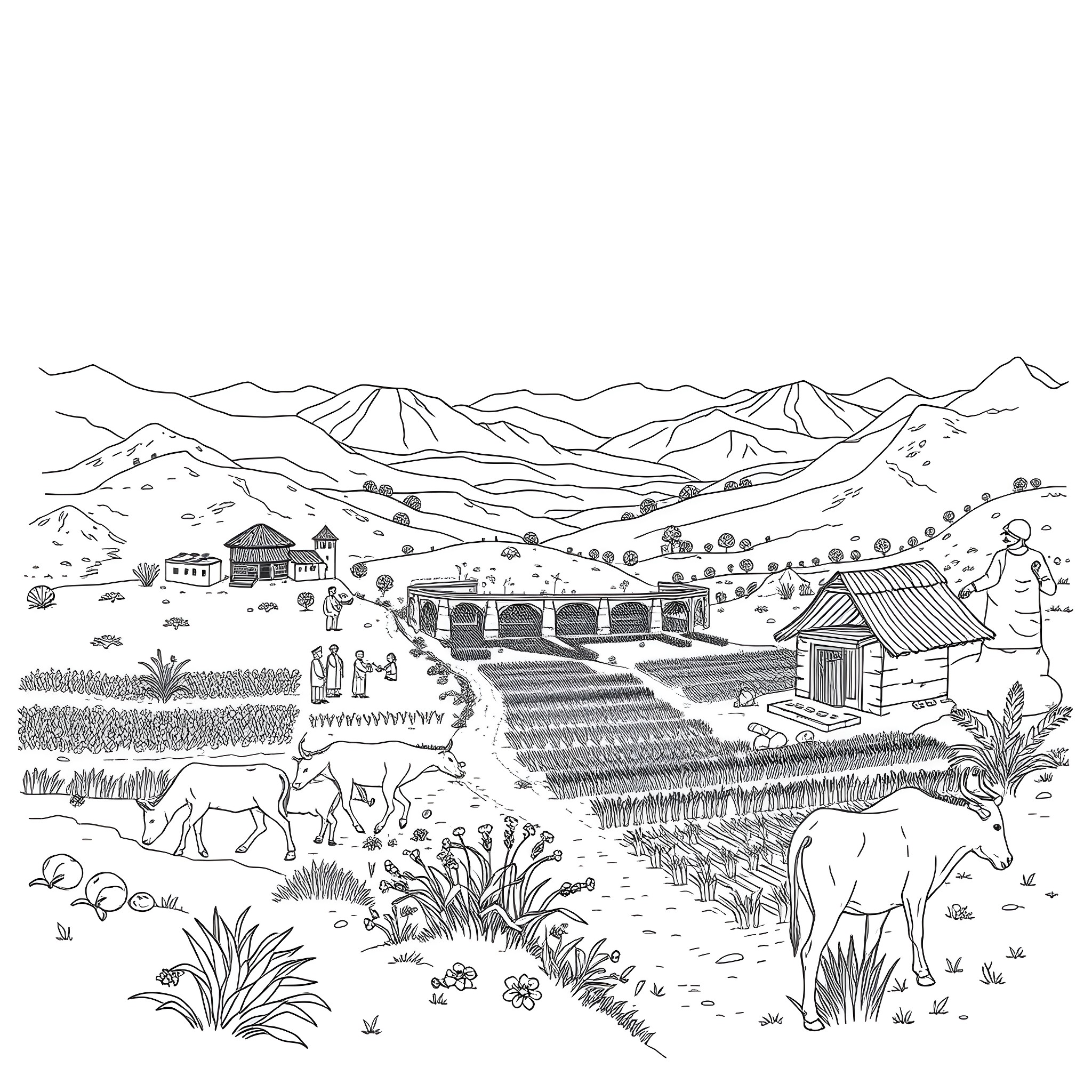 Farm scene with mountains, crops, and animals Coloring Page (free black-and-white line drawing printable PDF for all, from beginners to advanced learners, including children, teens, adults, and seniors)