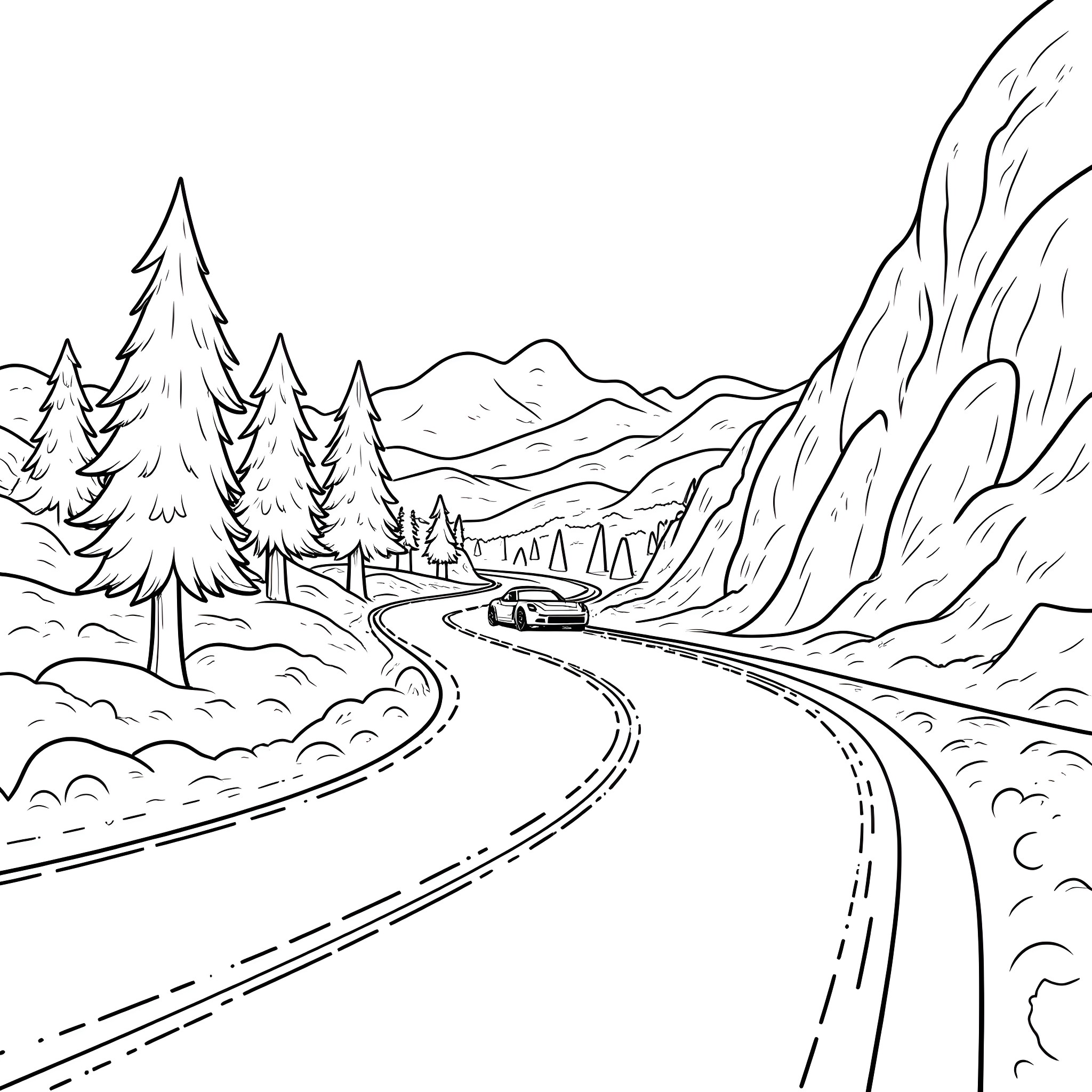 Sports Car on Winding Mountain Road Coloring Page (free black-and-white line drawing printable PDF for all, from beginners to advanced learners, including children, teens, adults, and seniors)