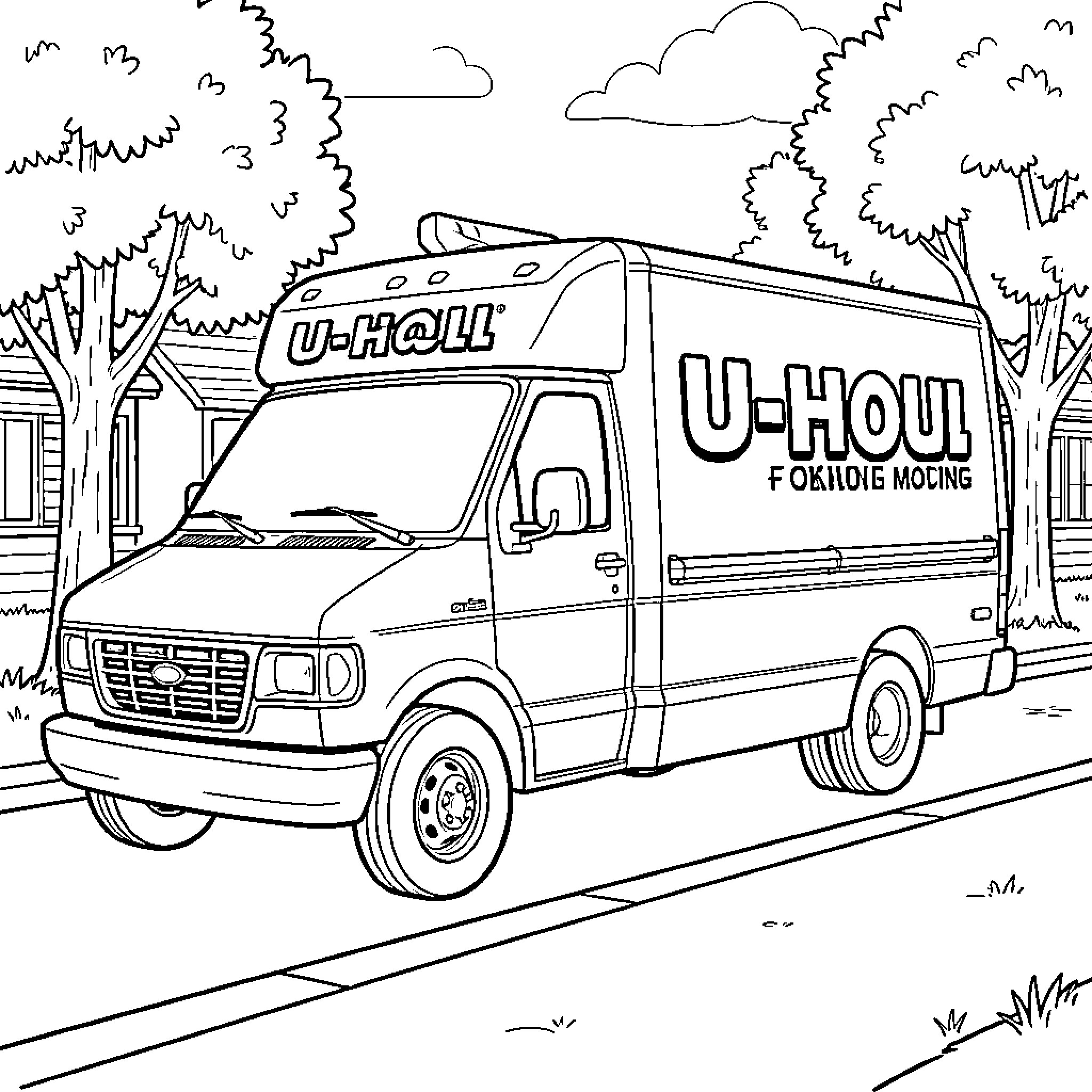 U-Haul Van parked on a suburban street Coloring Page (free black-and-white line drawing printable PDF for all, from beginners to advanced learners, including children, teens, adults, and seniors)