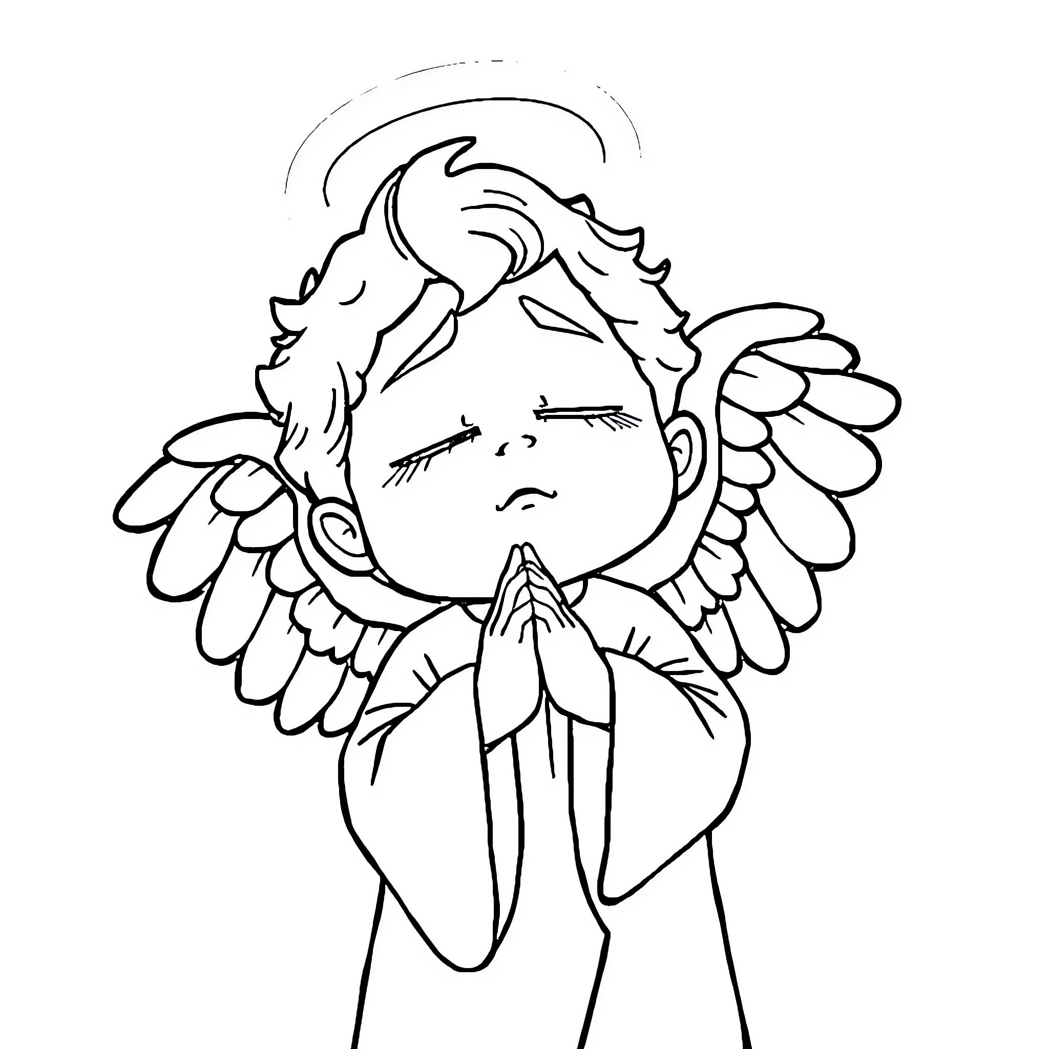Angelito praying with folded hands and angelic wings Coloring Page (free black-and-white line drawing printable PDF for all, from beginners to advanced learners, including children, teens, adults, and seniors)