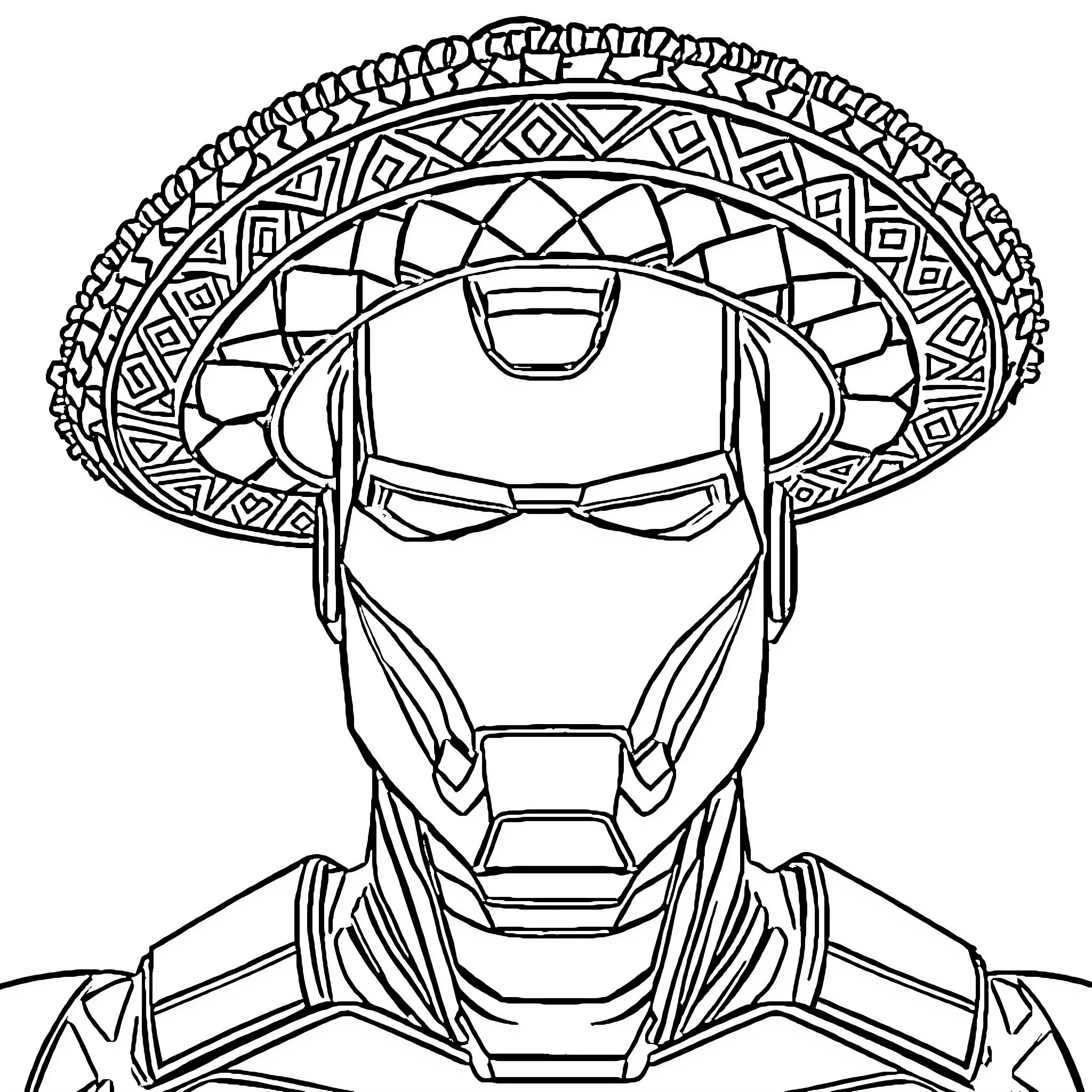 Iron Man in ornate Aztec-inspired mask Coloring Page (free black-and-white line drawing printable PDF for all, from beginners to advanced learners, including children, teens, adults, and seniors)