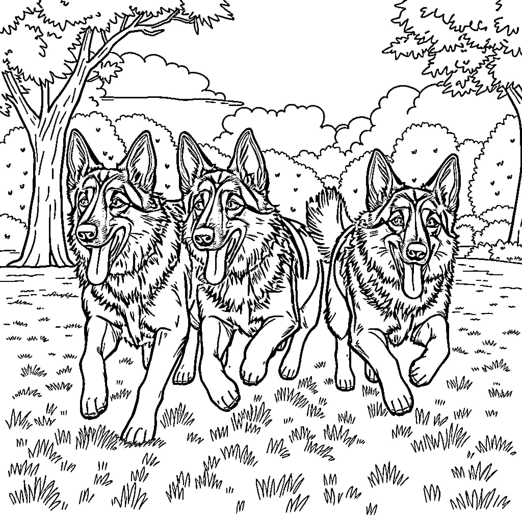 German Shepherds running playfully in a forest landscape Coloring Page (free black-and-white line drawing printable PDF for all, from beginners to advanced learners, including children, teens, adults, and seniors)