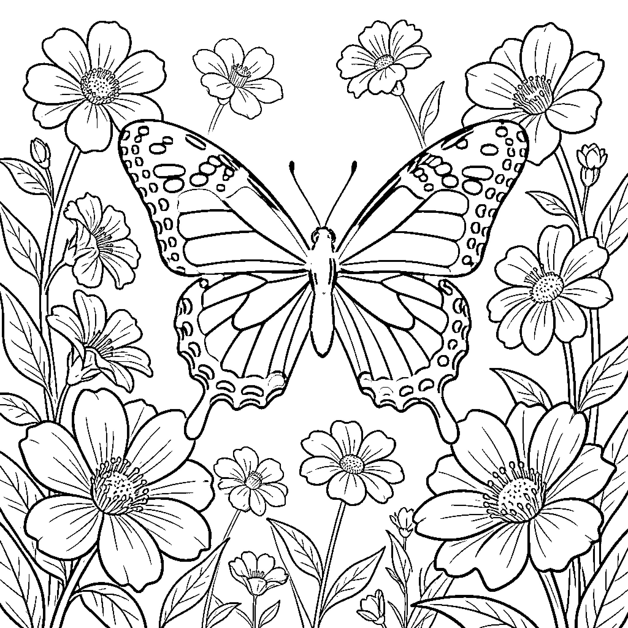 Butterfly surrounded by elegant flowers Coloring Page (free black-and-white line drawing printable PDF for all, from beginners to advanced learners, including children, teens, adults, and seniors)