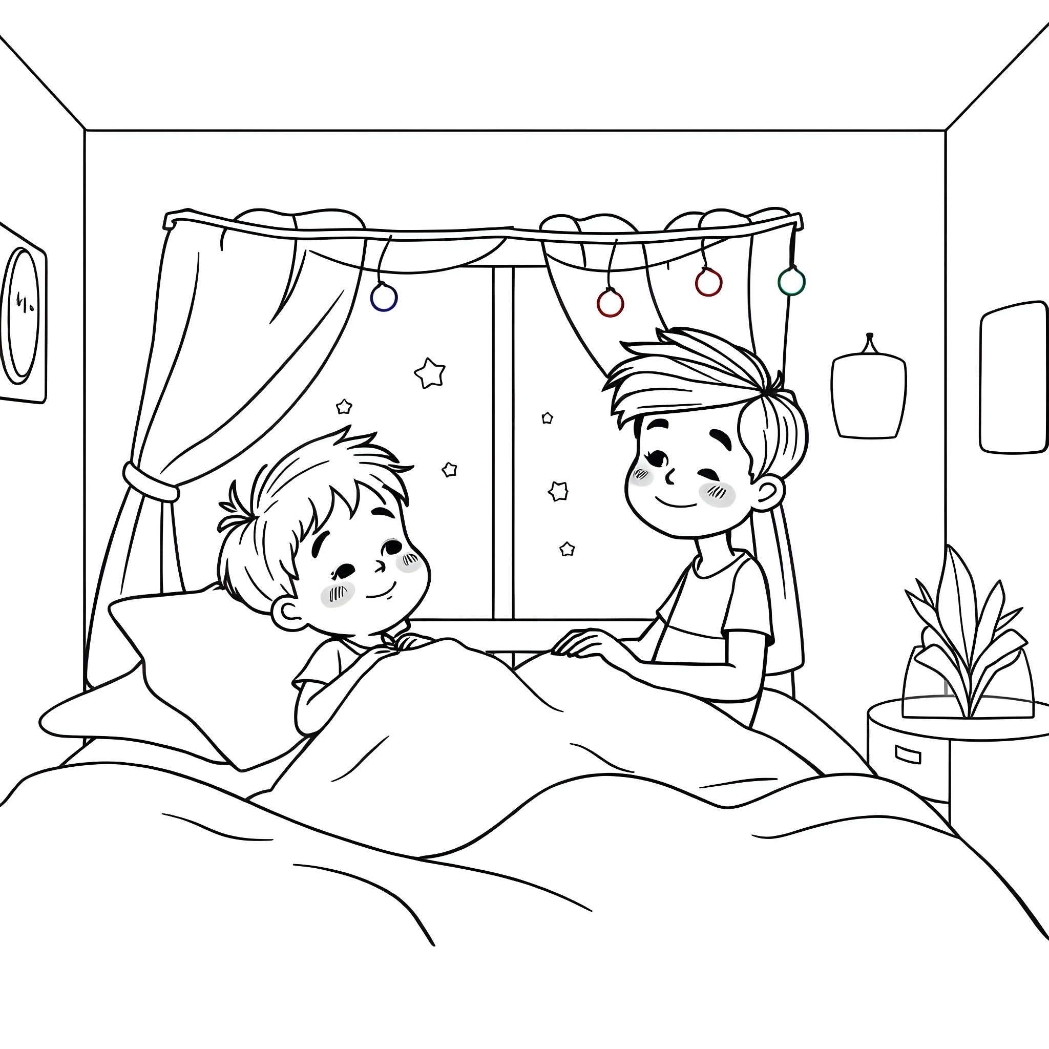 Siblings enjoying a cozy bedtime together Coloring Page (free black-and-white line drawing printable PDF for all, from beginners to advanced learners, including children, teens, adults, and seniors)