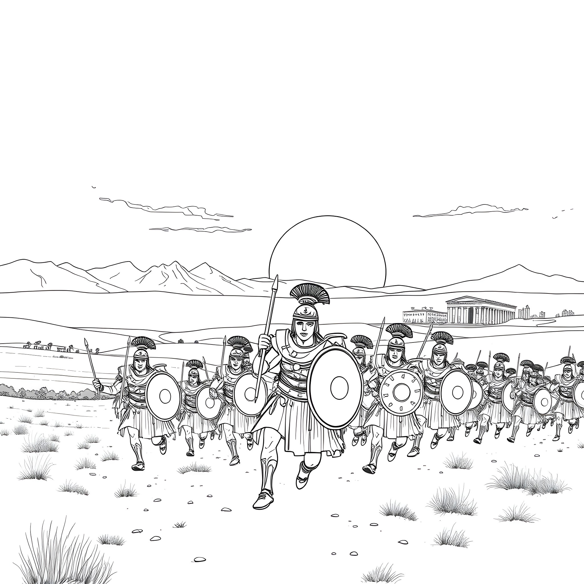 Battle of Ancient Soldiers Marching Across the Wasteland Coloring Page (free black-and-white line drawing printable PDF for all, from beginners to advanced learners, including children, teens, adults, and seniors)