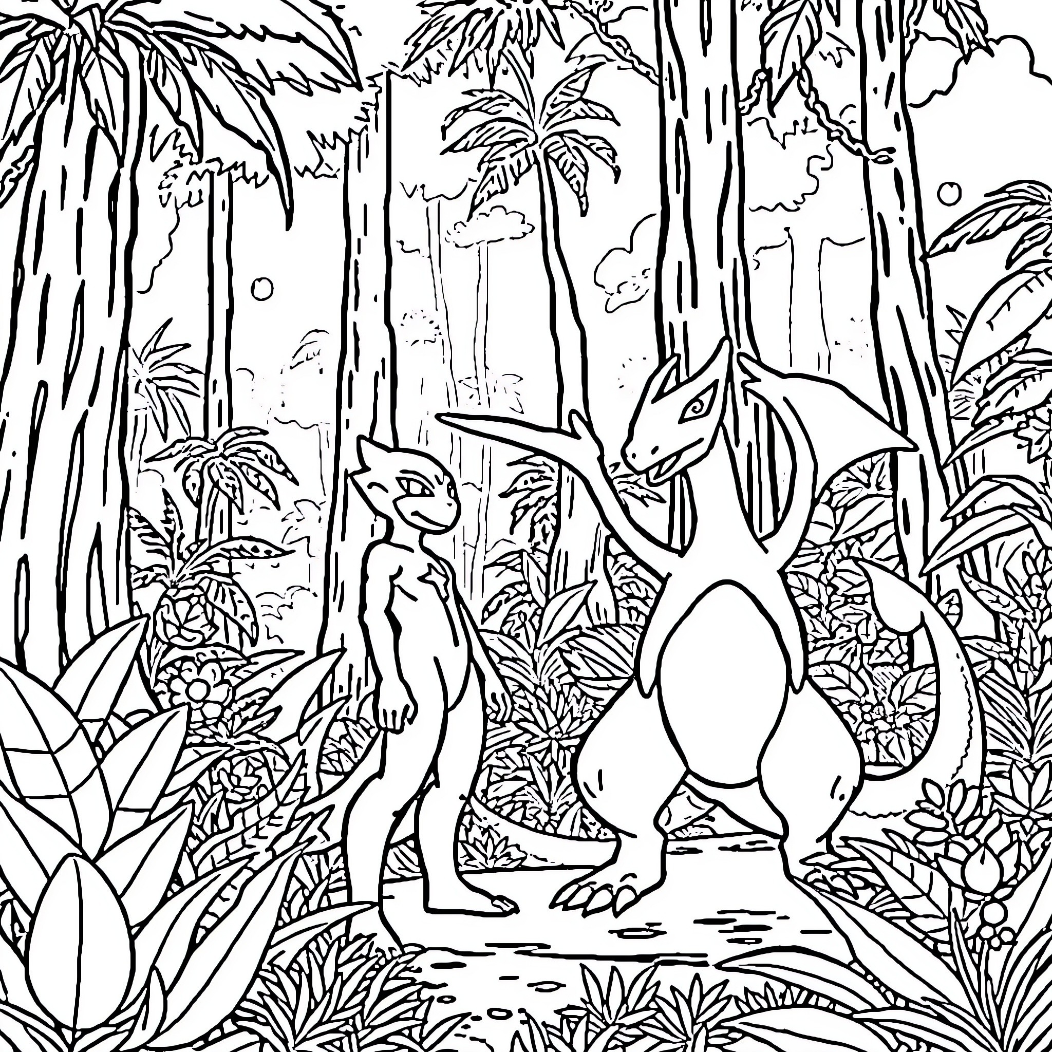 Mewtwo exploring the lush tropical forest Coloring Page (free black-and-white line drawing printable PDF for all, from beginners to advanced learners, including children, teens, adults, and seniors)