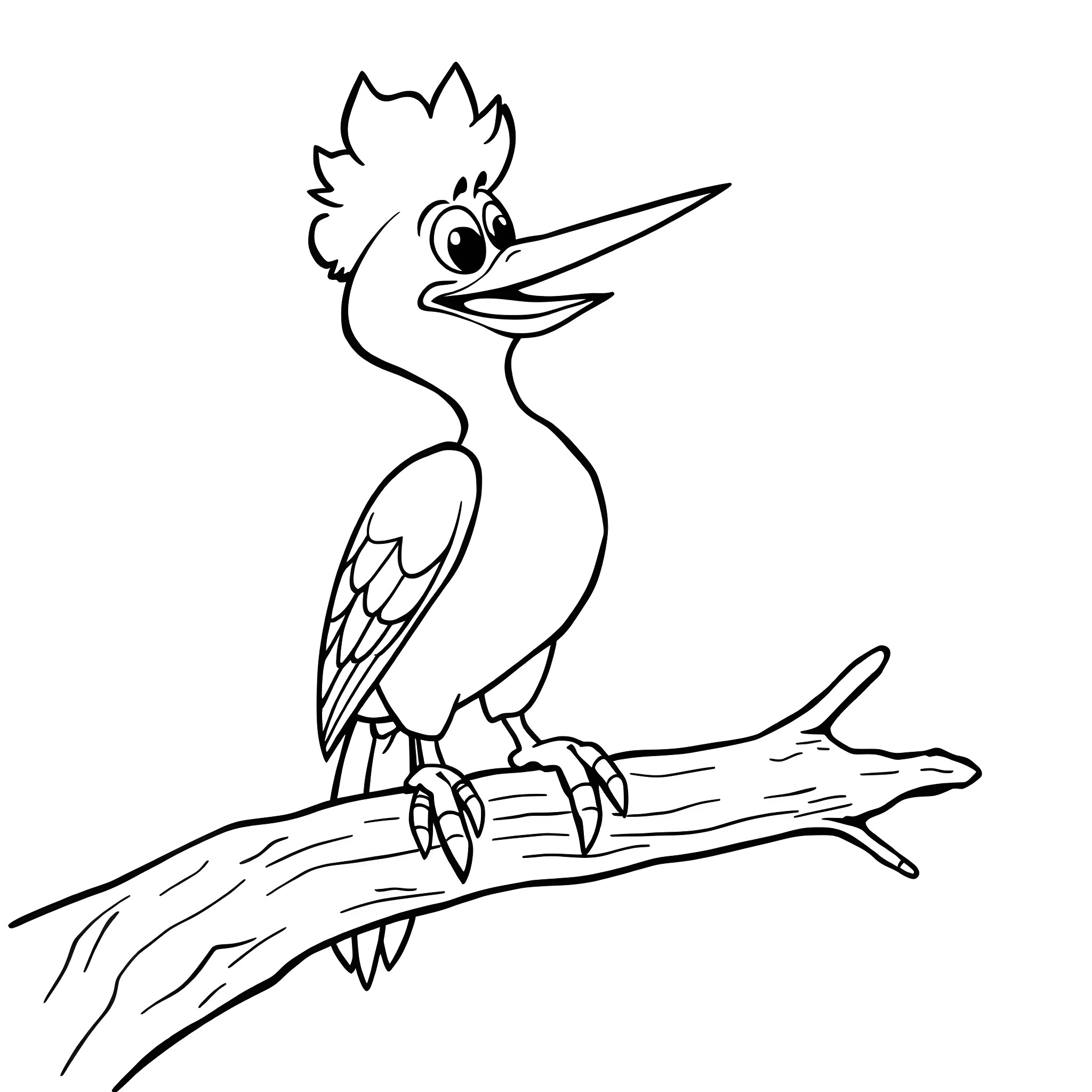 Woody Woodpecker perched on a tree branch Coloring Page (free black-and-white line drawing printable PDF for all, from beginners to advanced learners, including children, teens, adults, and seniors)