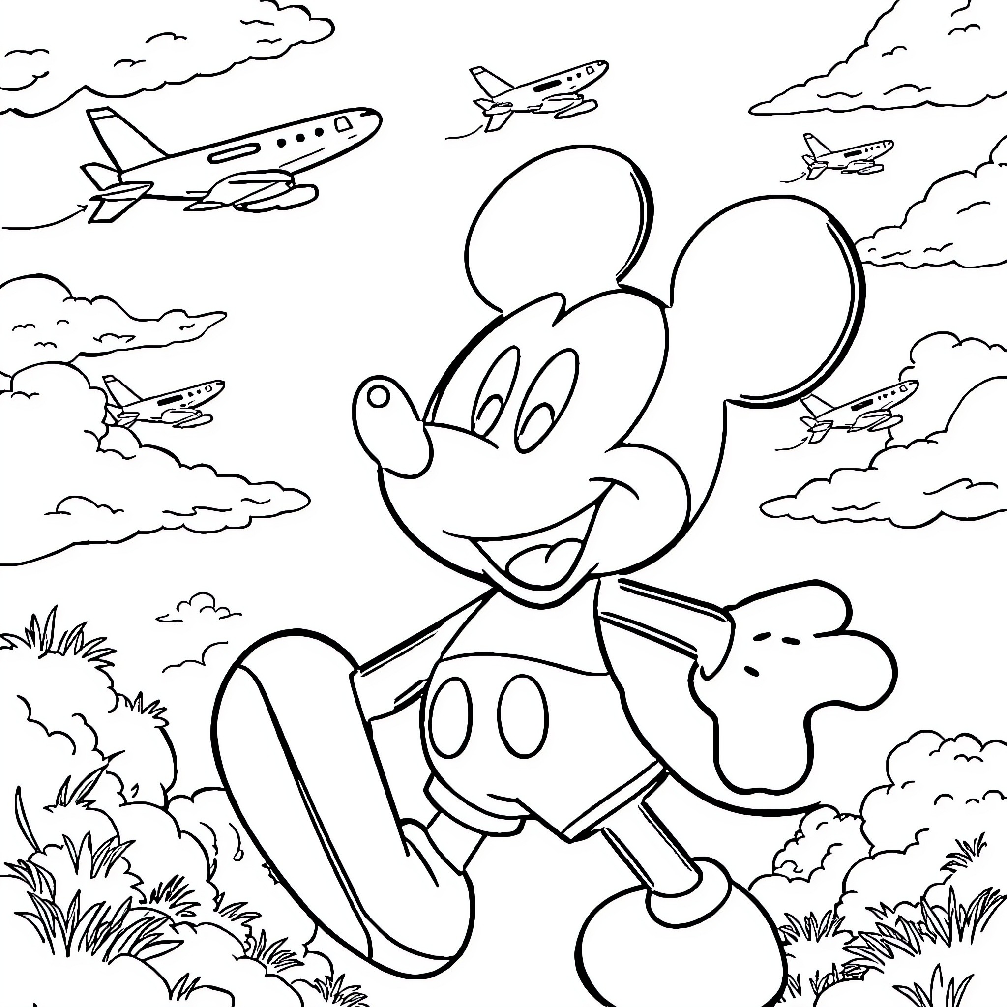 Airplane adventures with Mickey Mouse Coloring Page (free black-and-white line drawing printable PDF for all, from beginners to advanced learners, including children, teens, adults, and seniors)
