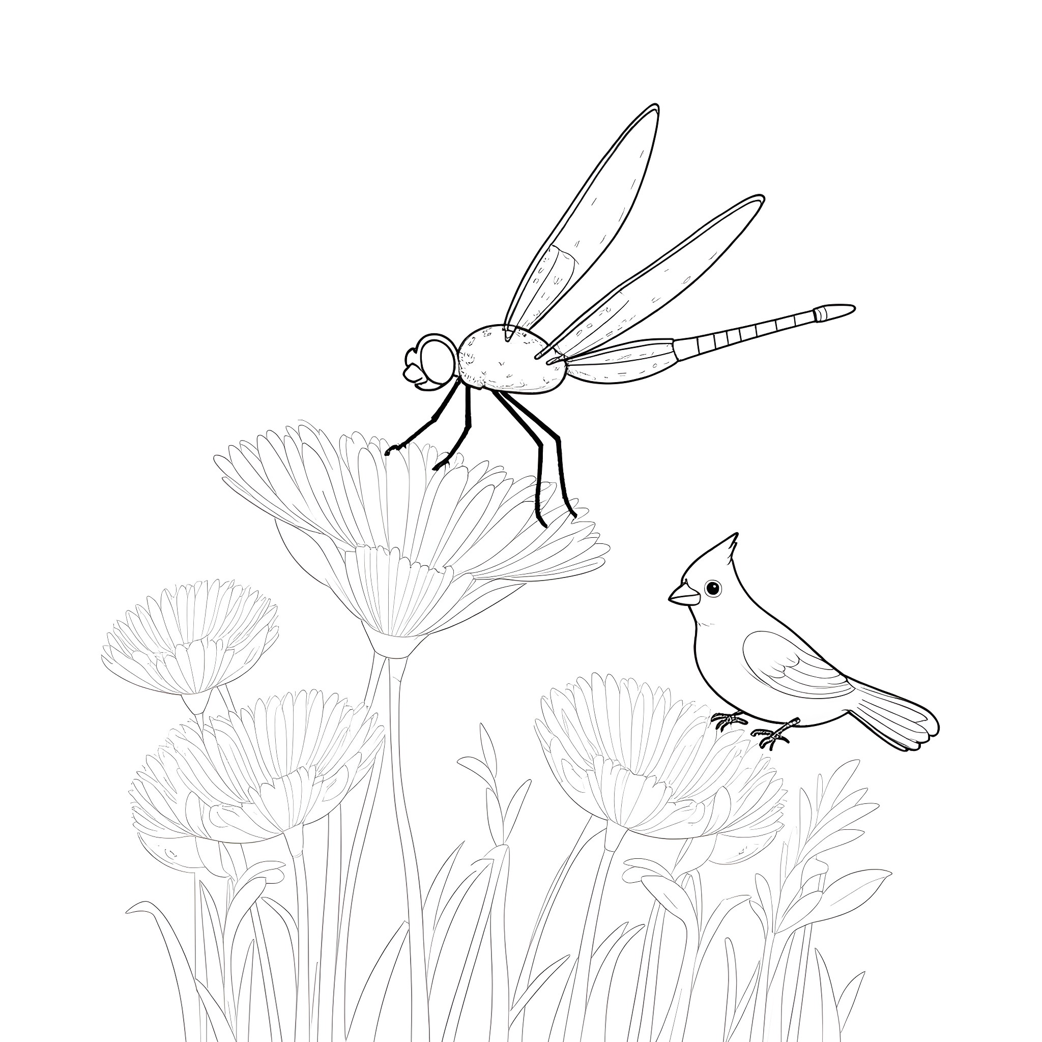 Dragonfly exploring the blooming flowers Coloring Page (free black-and-white line drawing printable PDF for all, from beginners to advanced learners, including children, teens, adults, and seniors)
