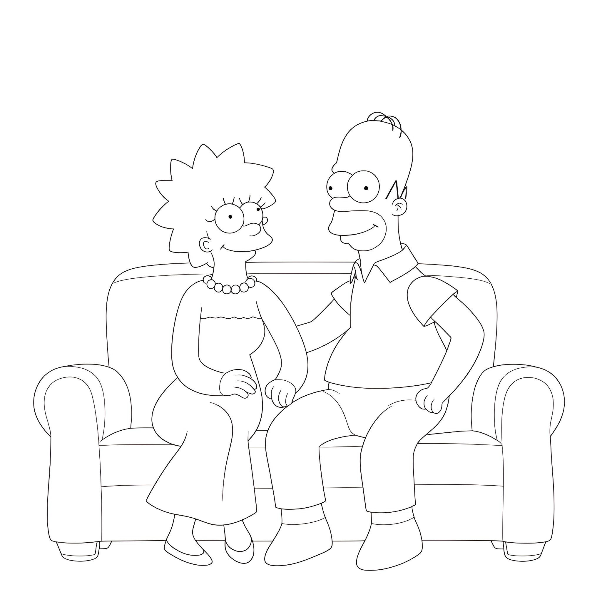Homer Simpson and family sitting on couch Coloring Page (free black-and-white line drawing printable PDF for all, from beginners to advanced learners, including children, teens, adults, and seniors)