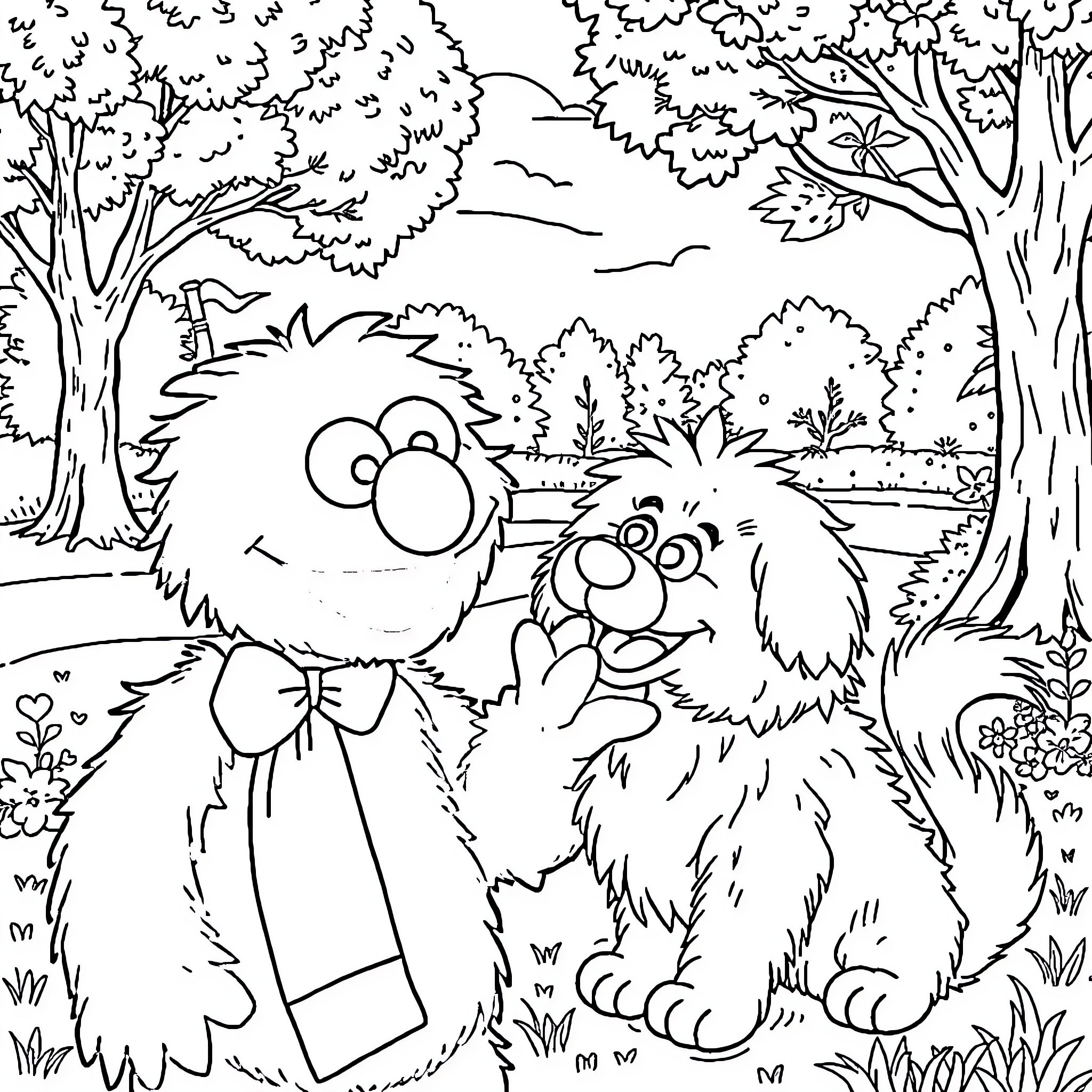 Elmo and Furry Friend Explore the Enchanting Forest Coloring Page (free black-and-white line drawing printable PDF for all, from beginners to advanced learners, including children, teens, adults, and seniors)