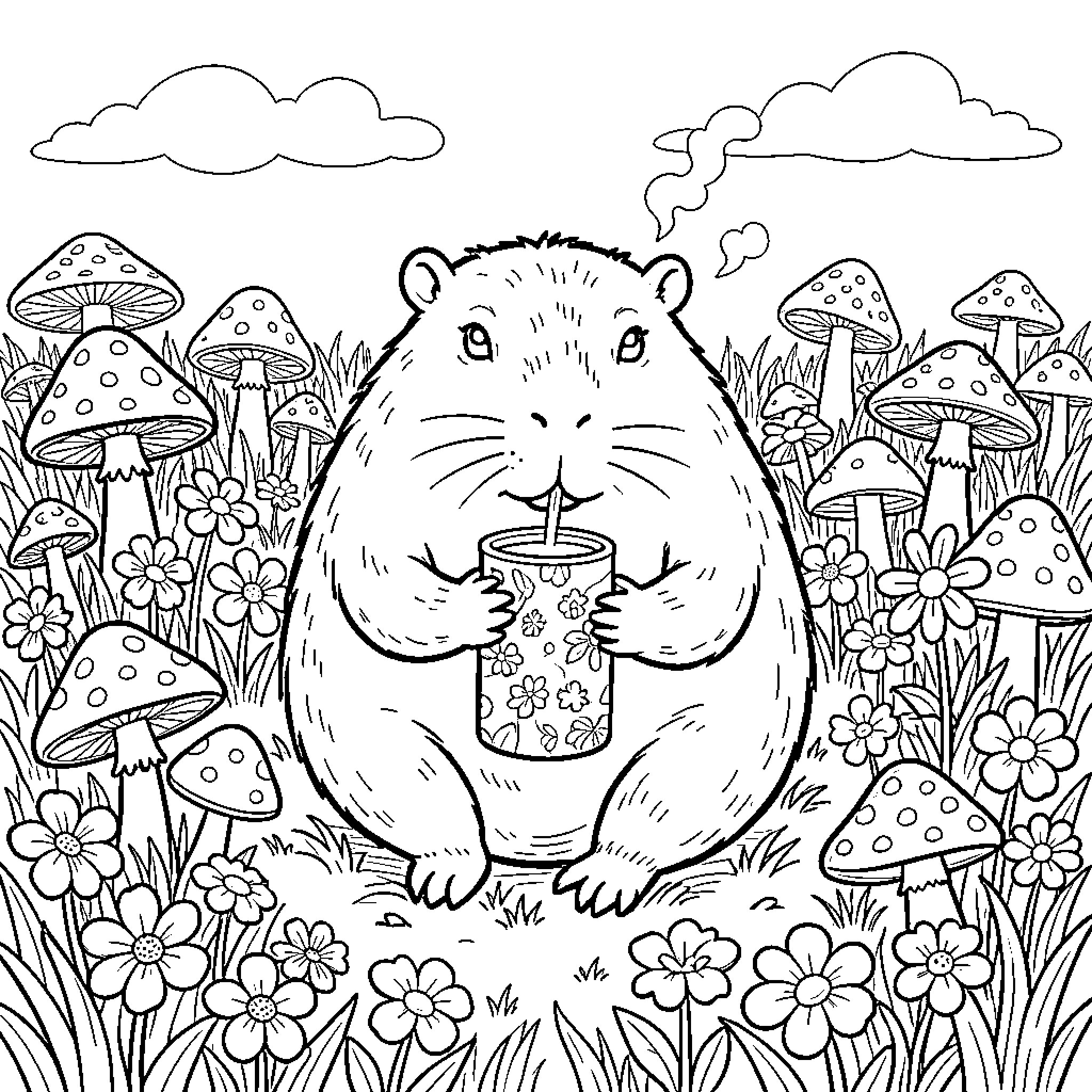 Capybara enjoying a refreshing drink in a whimsical floral meadow Coloring Page (free black-and-white line drawing printable PDF for all, from beginners to advanced learners, including children, teens, adults, and seniors)