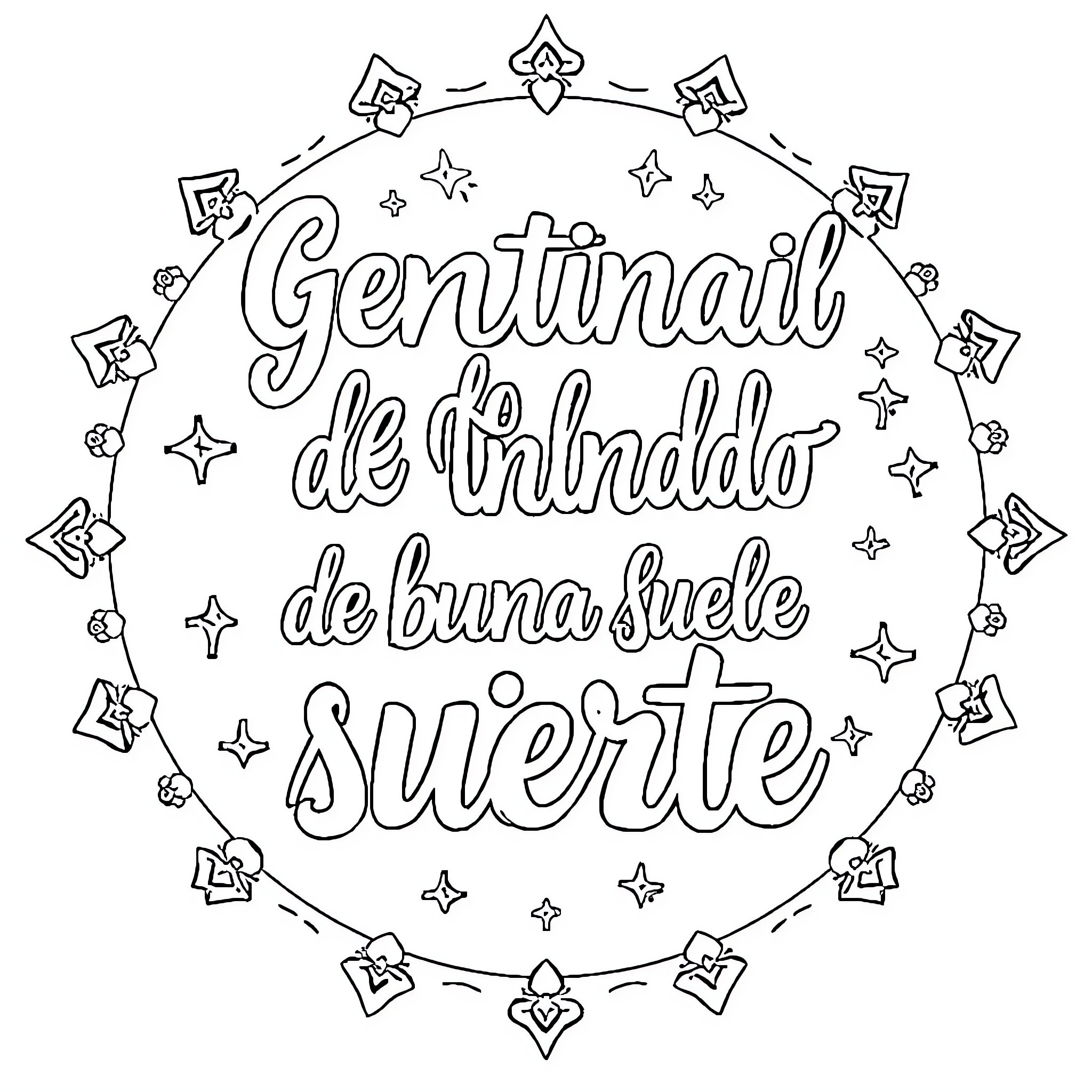 Mantra of Good Luck and Fortune Coloring Page (free black-and-white line drawing printable PDF for all, from beginners to advanced learners, including children, teens, adults, and seniors)