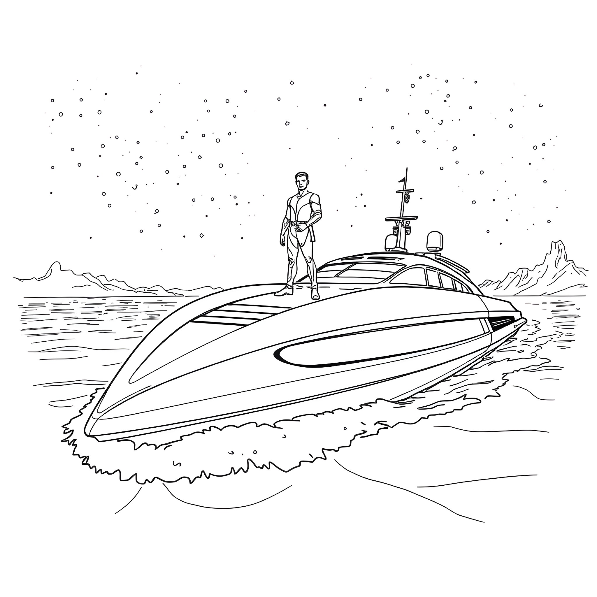 Locutus standing on futuristic spacecraft in starry night Coloring Page (free black-and-white line drawing printable PDF for all, from beginners to advanced learners, including children, teens, adults, and seniors)
