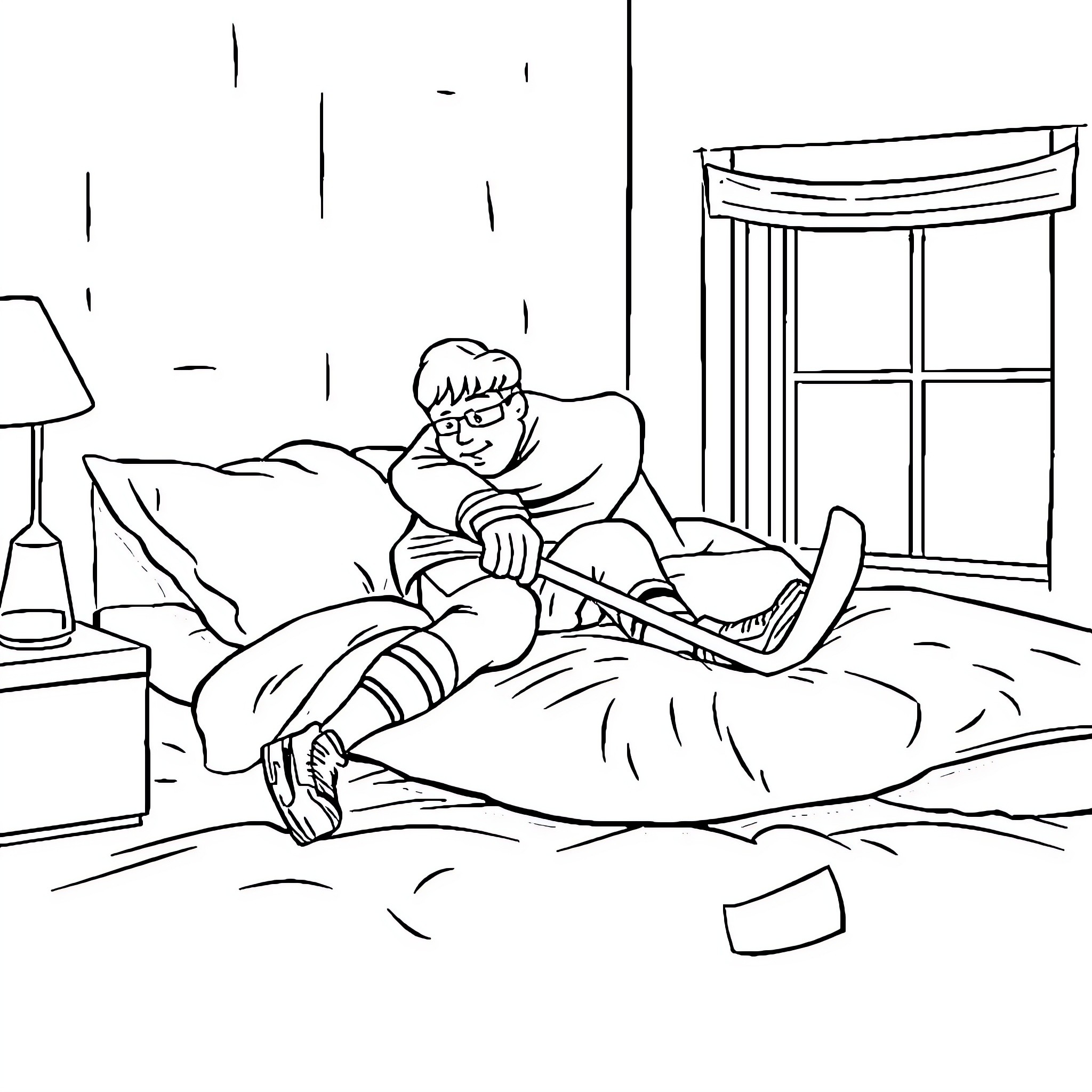 Hockey Player resting and relaxing in bedroom Coloring Page (free black-and-white line drawing printable PDF for all, from beginners to advanced learners, including children, teens, adults, and seniors)