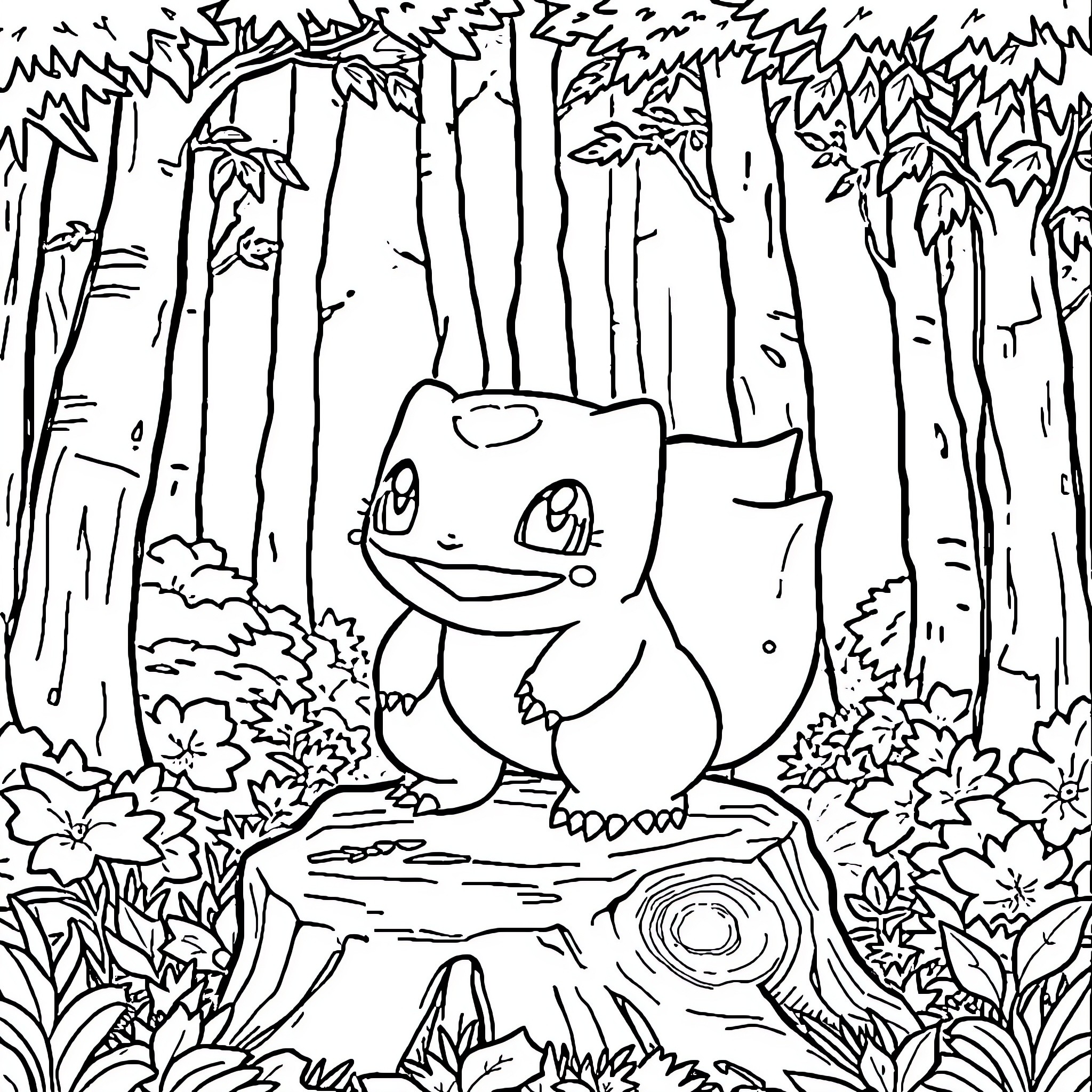 Bulbasaur exploring the forest Coloring Page (free black-and-white line drawing printable PDF for all, from beginners to advanced learners, including children, teens, adults, and seniors)