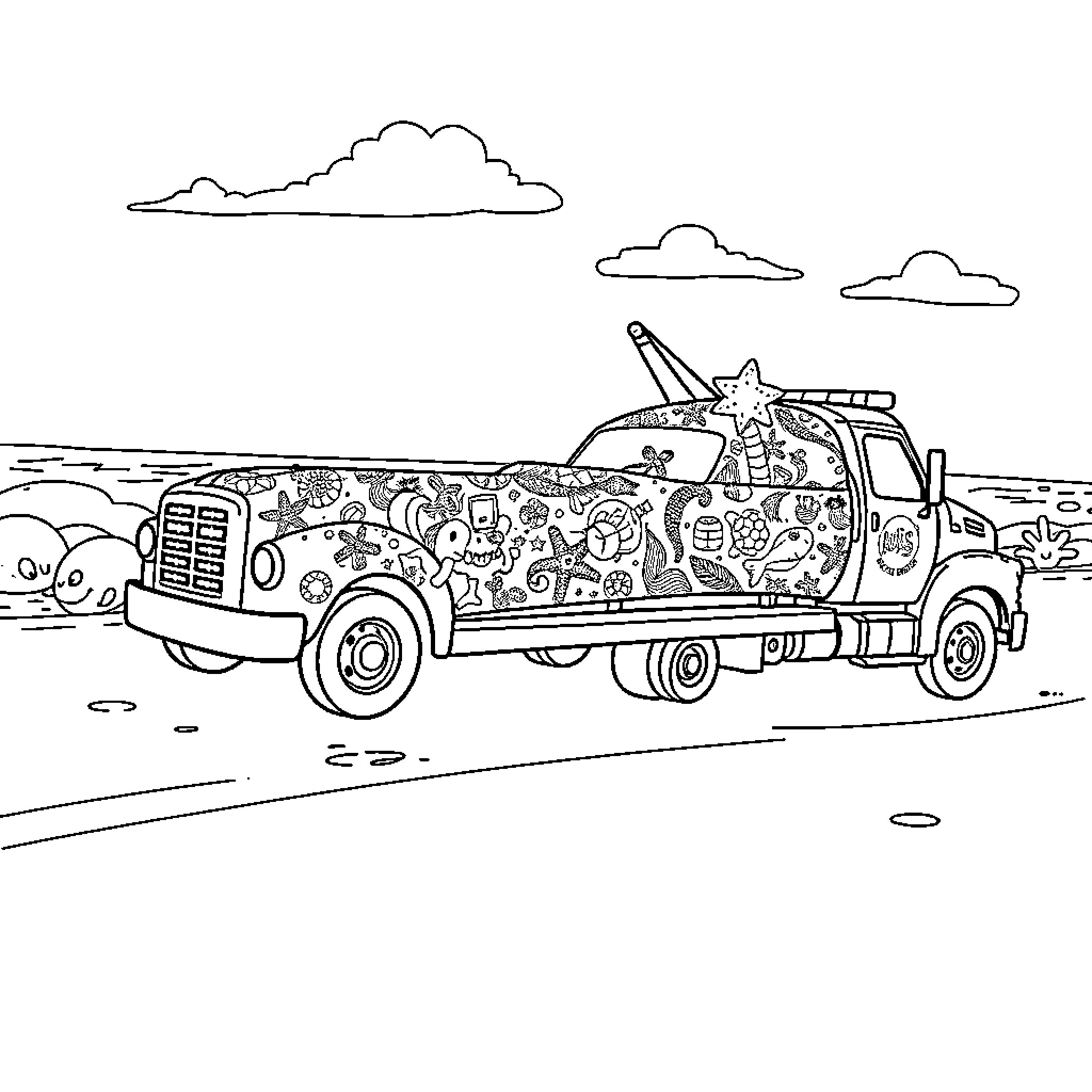 Tow Truck Rescuing Colorful Cartoon Characters Coloring Page (free black-and-white line drawing printable PDF for all, from beginners to advanced learners, including children, teens, adults, and seniors)