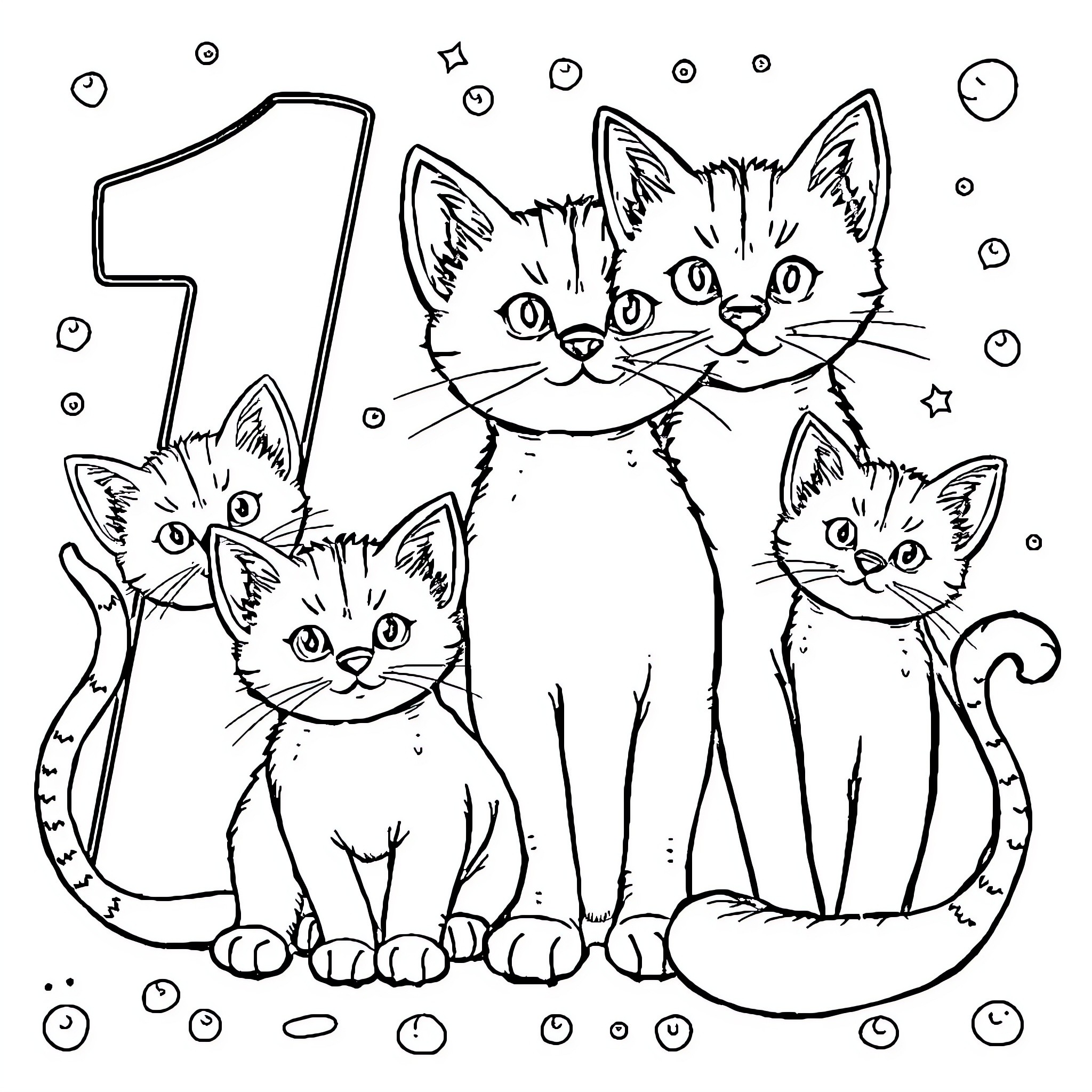 Kittens playing in a whimsical scene Coloring Page (free black-and-white line drawing printable PDF for all, from beginners to advanced learners, including children, teens, adults, and seniors)