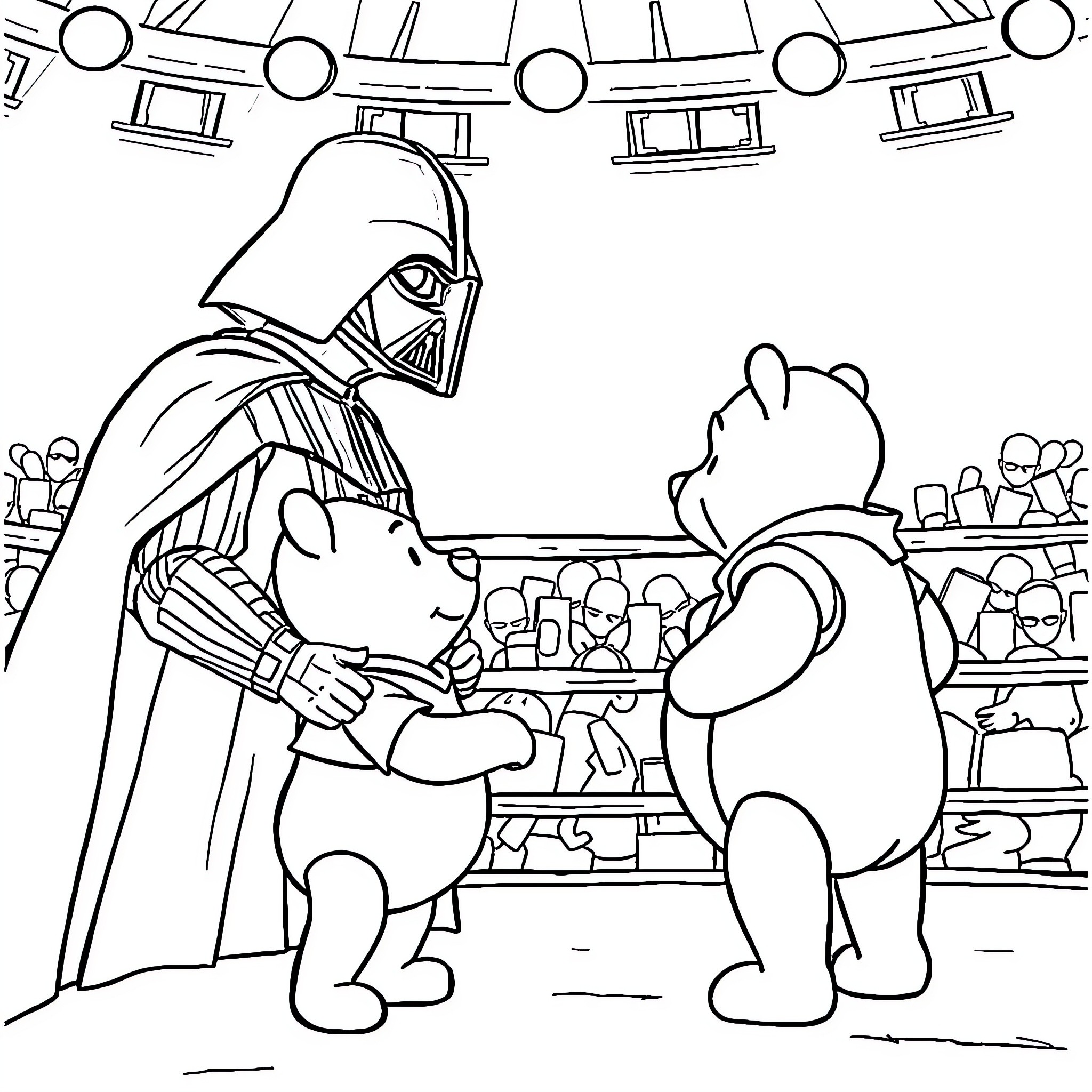 Winnie The Pooh meets Darth Vader at the fair Coloring Page (free black-and-white line drawing printable PDF for all, from beginners to advanced learners, including children, teens, adults, and seniors)