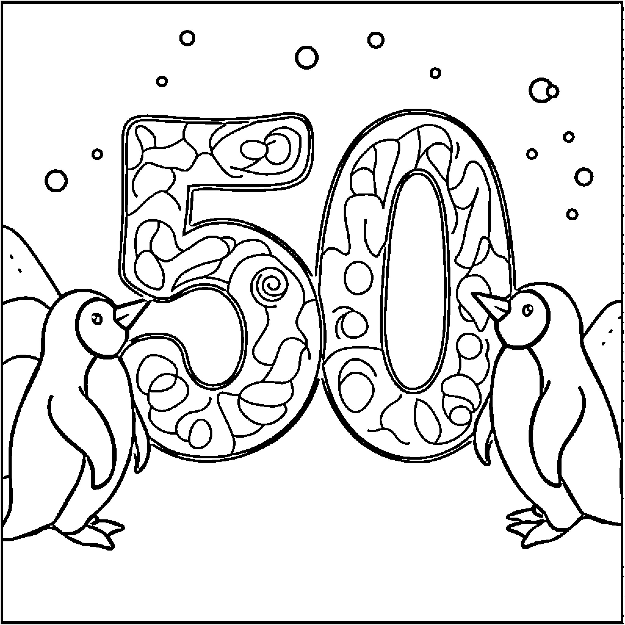 Penguin celebrating 50th birthday with friends Coloring Page (free black-and-white line drawing printable PDF for all, from beginners to advanced learners, including children, teens, adults, and seniors)