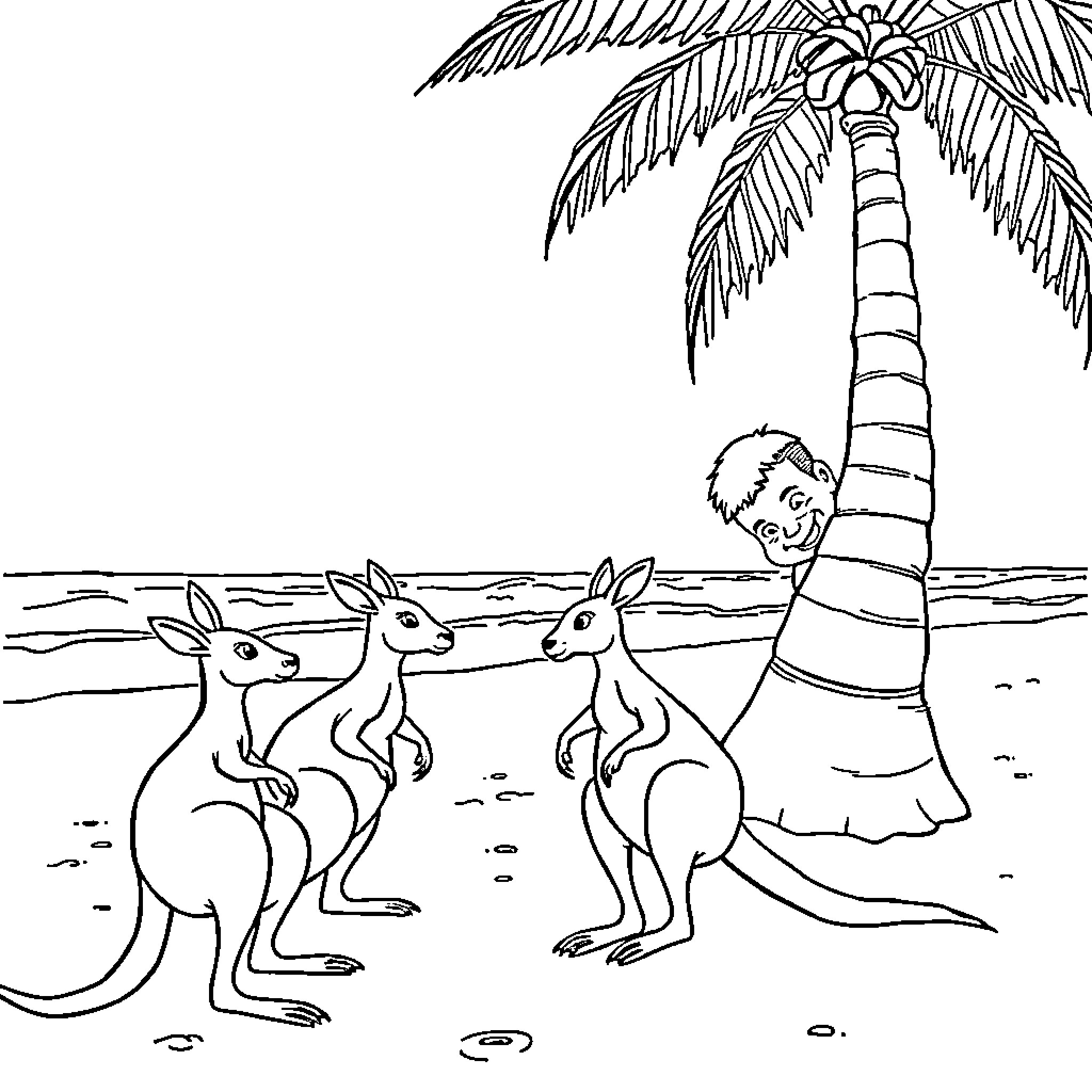 Kangaroos playing on beach near palm tree Coloring Page (free black-and-white line drawing printable PDF for all, from beginners to advanced learners, including children, teens, adults, and seniors)