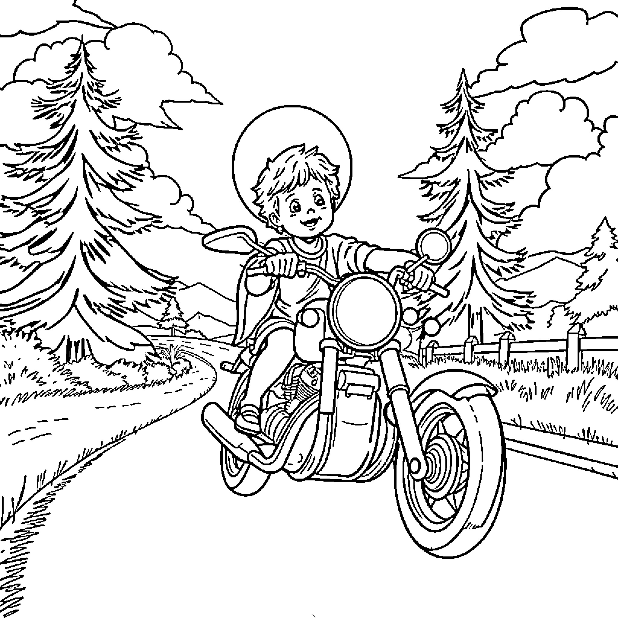 Jesus riding a motorcycle through the forest Coloring Page (free black-and-white line drawing printable PDF for all, from beginners to advanced learners, including children, teens, adults, and seniors)