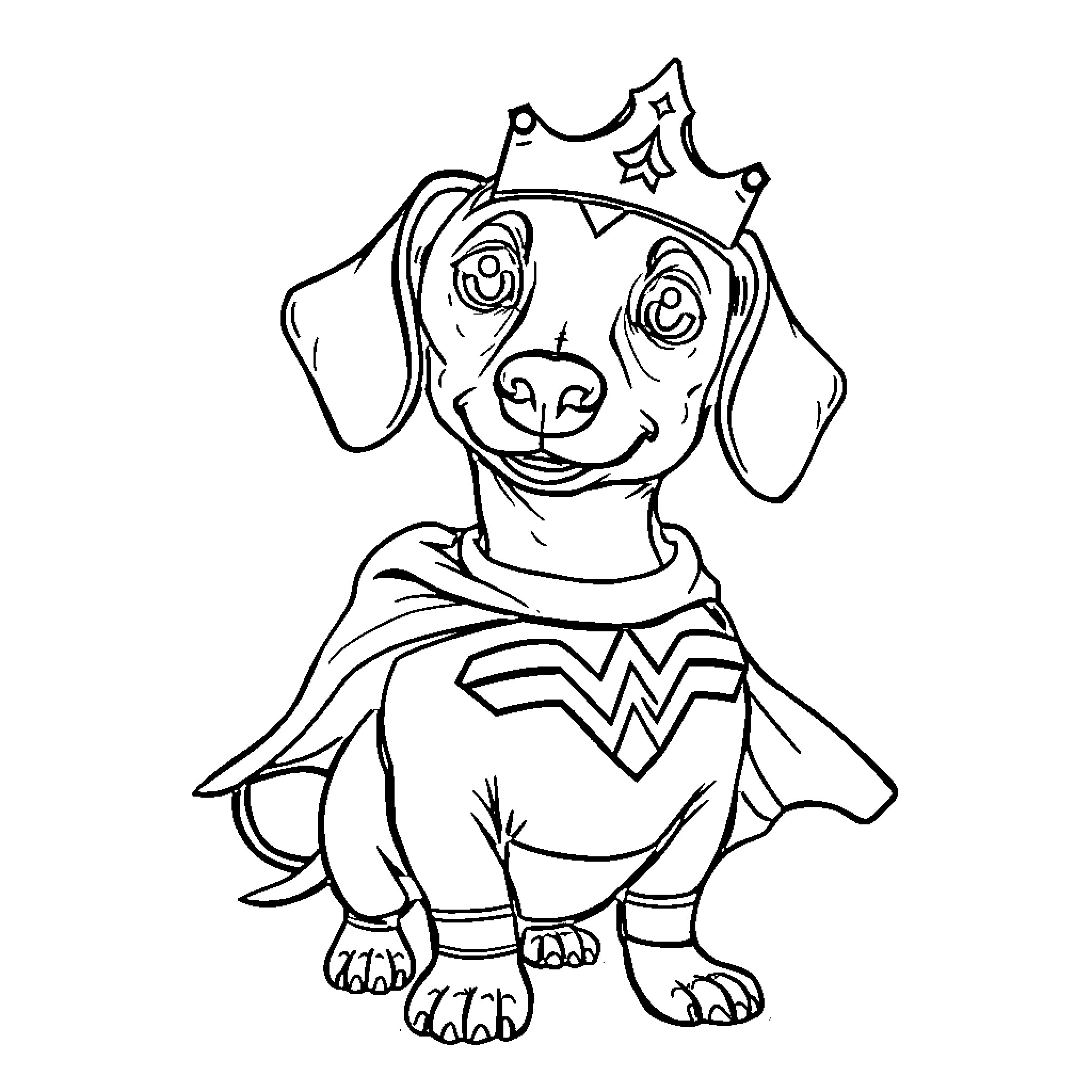Dachshund dressed as a superhero Coloring Page (free black-and-white line drawing printable PDF for all, from beginners to advanced learners, including children, teens, adults, and seniors)