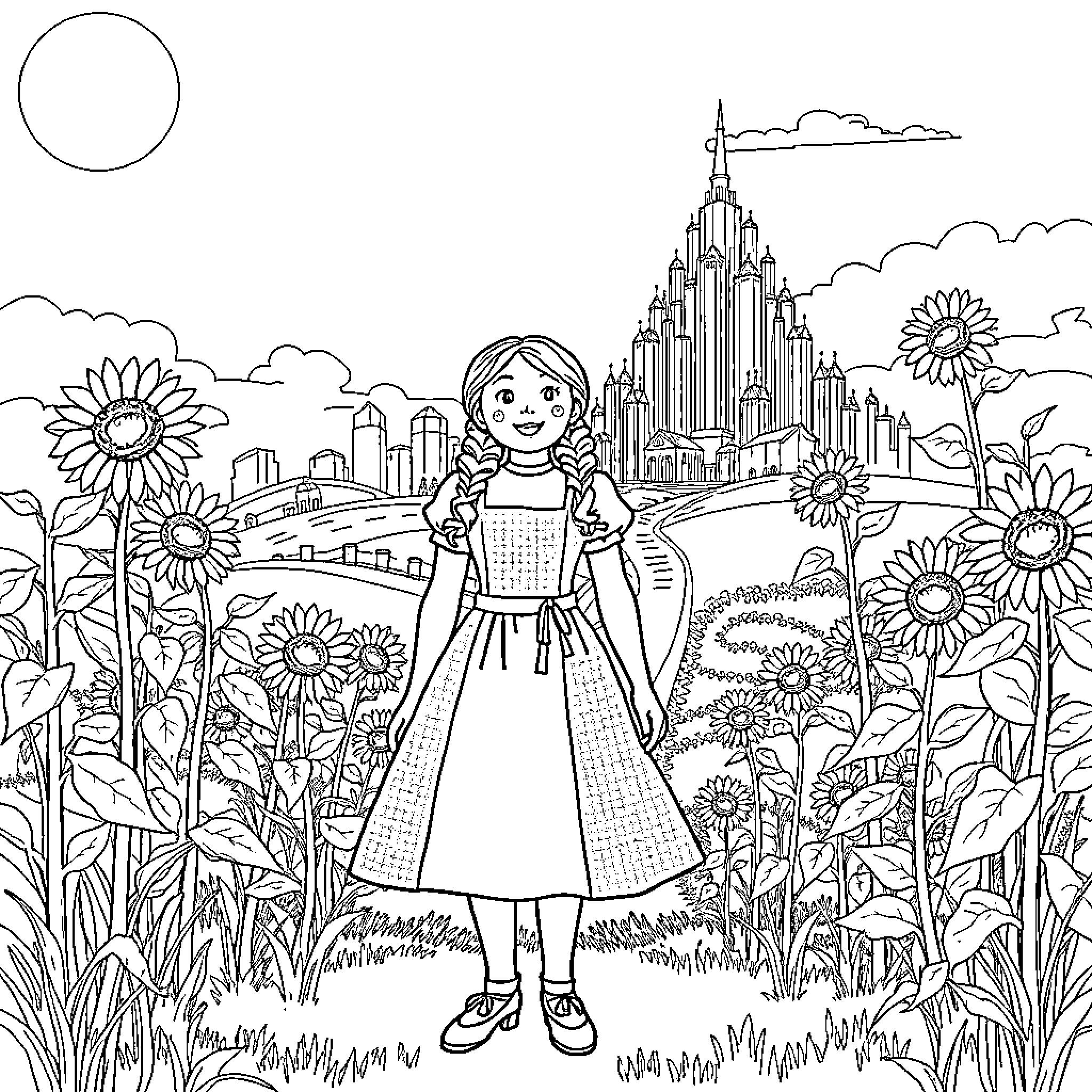 Dorothy's Journey Through the Whimsical Landscape Coloring Page (free black-and-white line drawing printable PDF for all, from beginners to advanced learners, including children, teens, adults, and seniors)