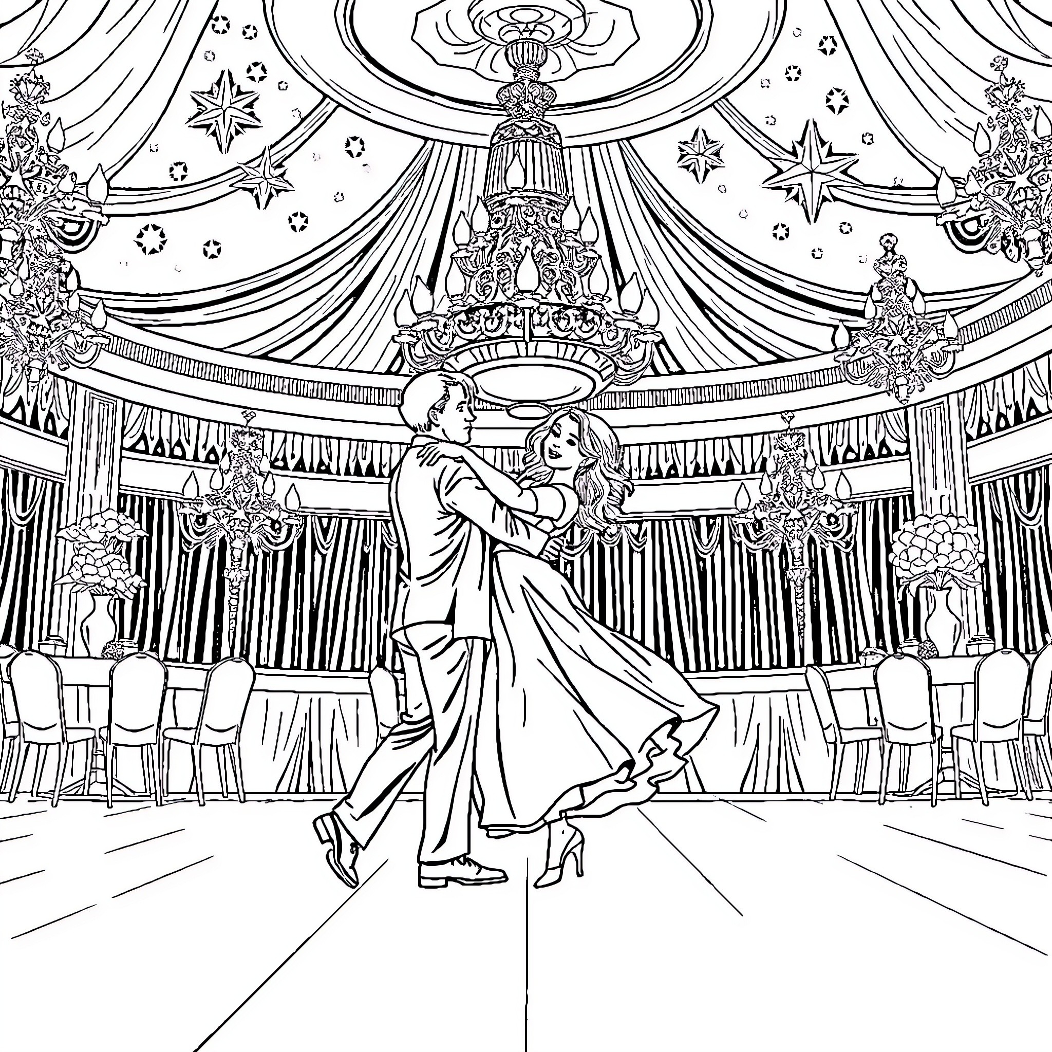 Star-Crossed Lovers Dance in Ornate Ballroom Coloring Page (free black-and-white line drawing printable PDF for all, from beginners to advanced learners, including children, teens, adults, and seniors)