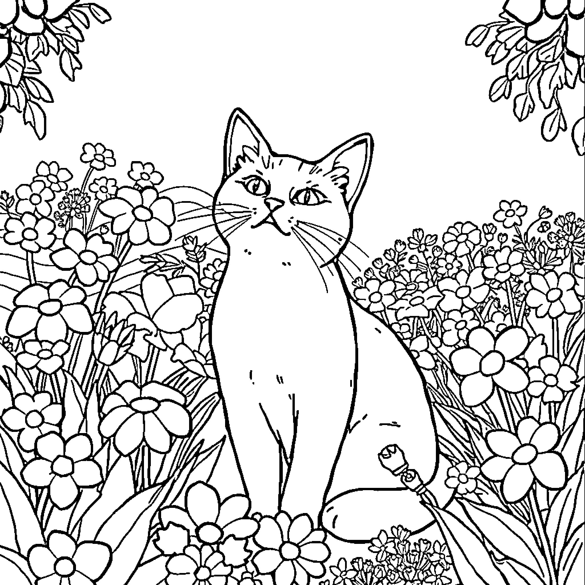 Cat in a Floral Garden Coloring Page (free black-and-white line drawing printable PDF for all, from beginners to advanced learners, including children, teens, adults, and seniors)