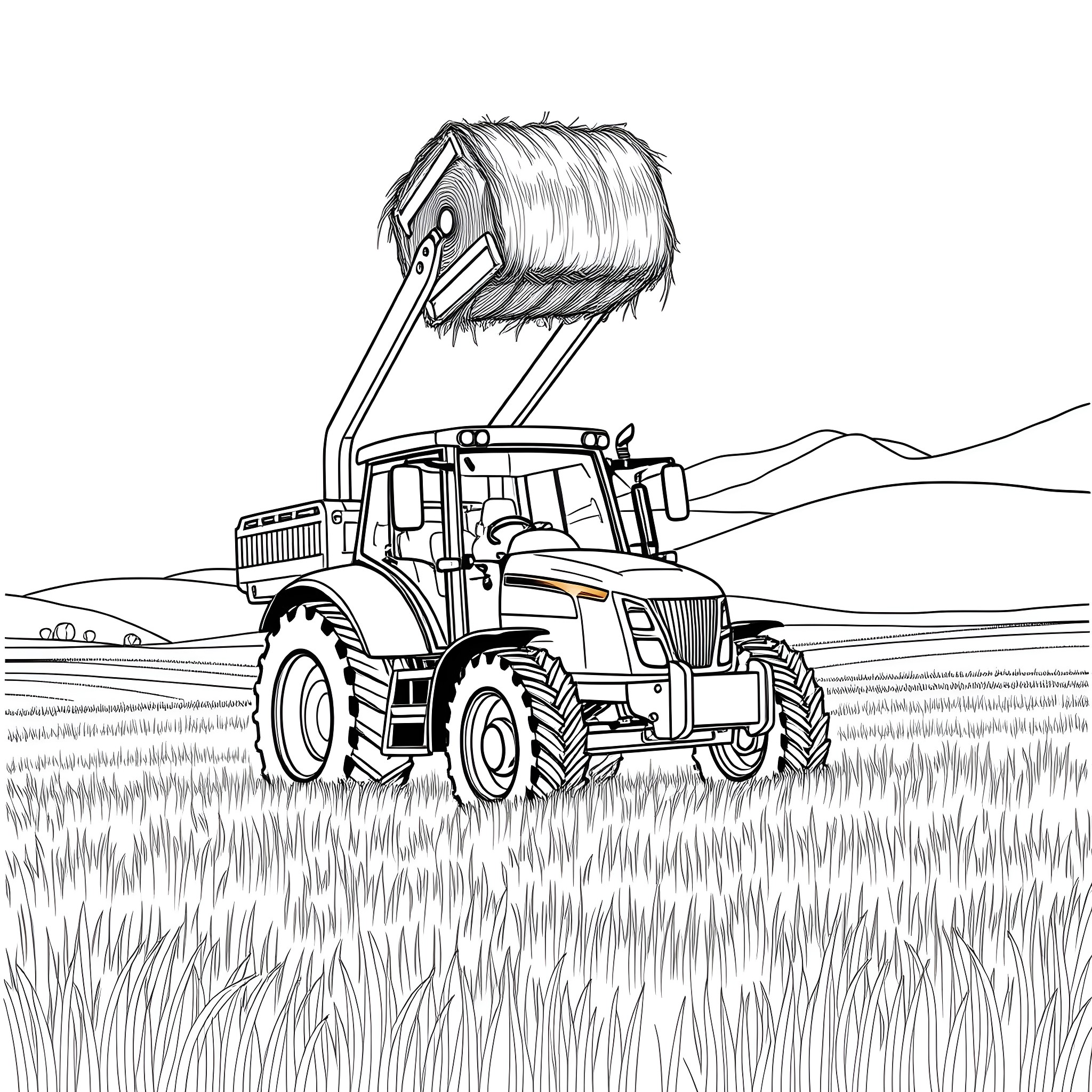 Bale Pickup in the Countryside Coloring Page (free black-and-white line drawing printable PDF for all, from beginners to advanced learners, including children, teens, adults, and seniors)