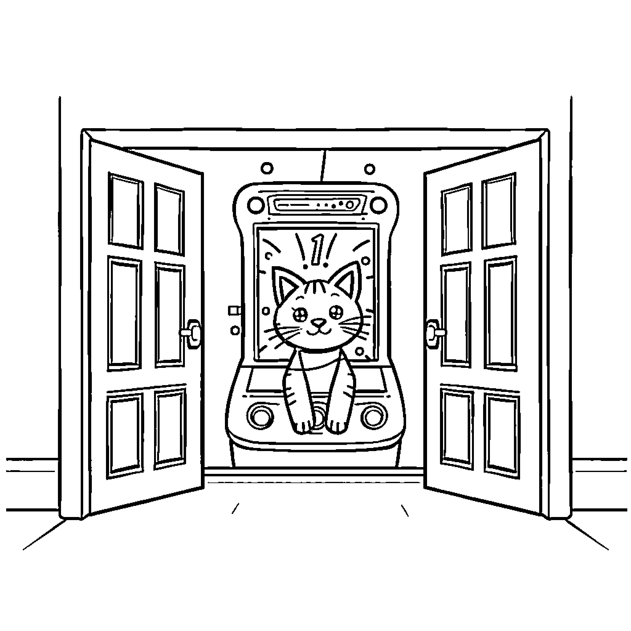 Cat in a Retro Cabinet Coloring Page (free black-and-white line drawing printable PDF for all, from beginners to advanced learners, including children, teens, adults, and seniors)