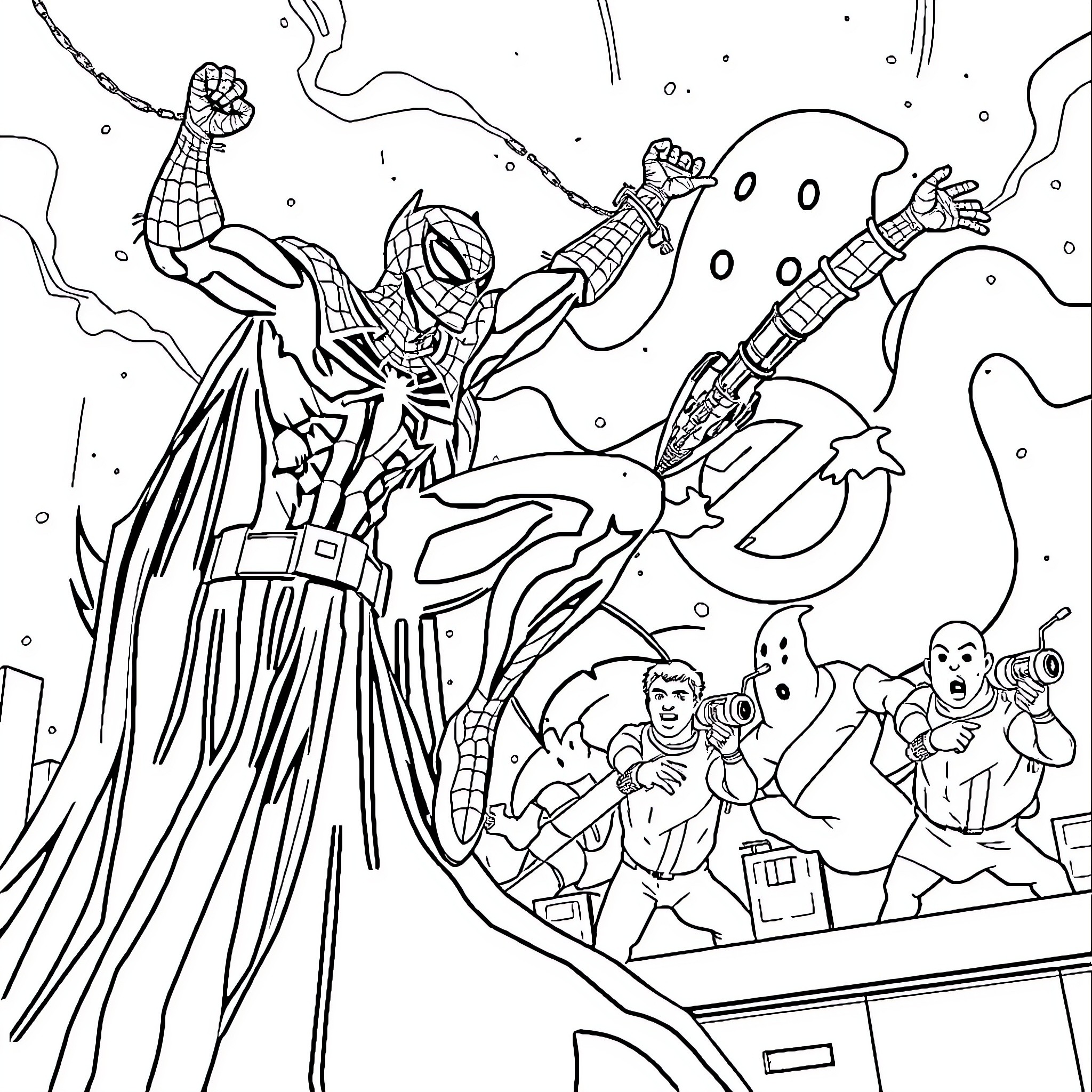 Spider-Man battling villains in an action-packed scene Coloring Page (free black-and-white line drawing printable PDF for all, from beginners to advanced learners, including children, teens, adults, and seniors)