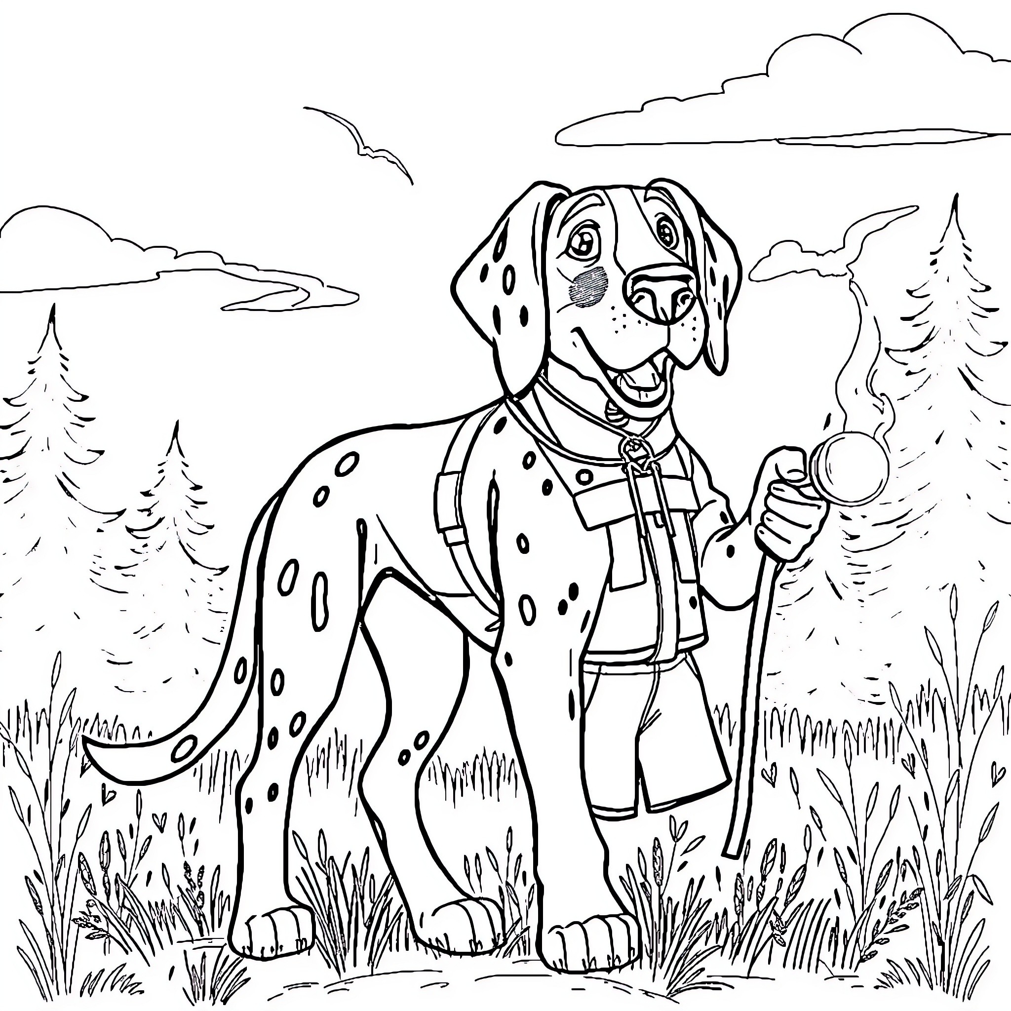 Bloodhound enjoying an outdoor adventure Coloring Page (free black-and-white line drawing printable PDF for all, from beginners to advanced learners, including children, teens, adults, and seniors)