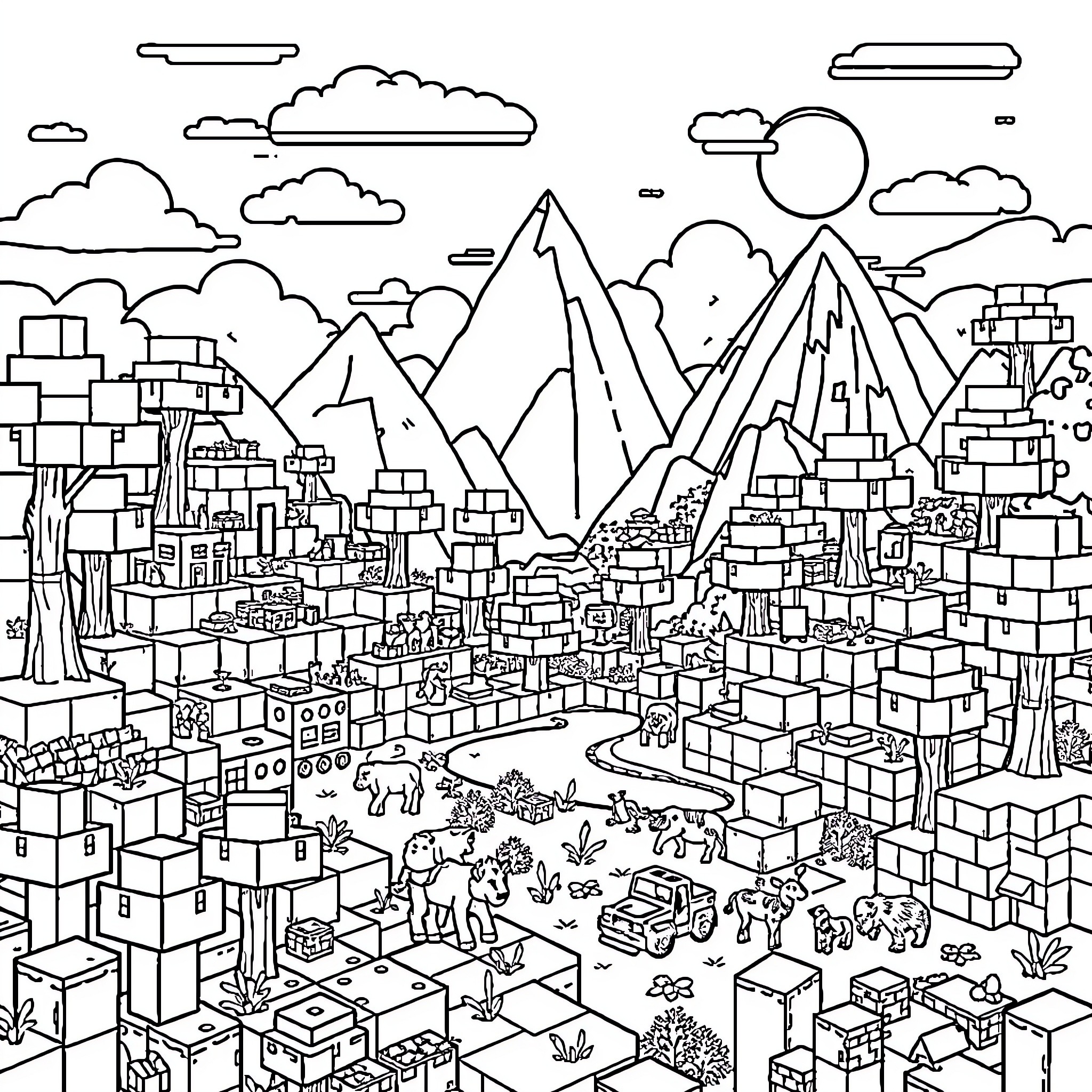 Minecraft Landscape with Mountains, Cities, and Animals Coloring Page (free black-and-white line drawing printable PDF for all, from beginners to advanced learners, including children, teens, adults, and seniors)