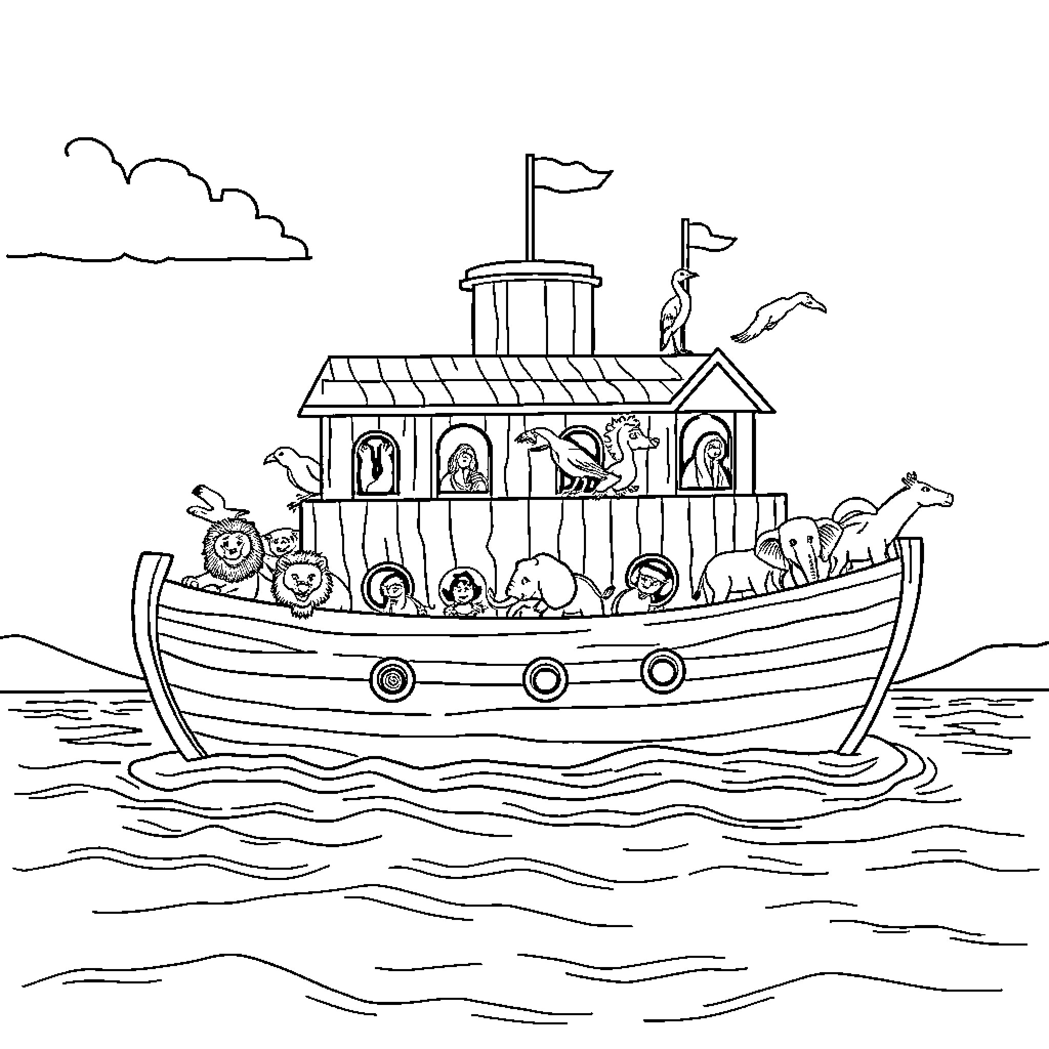 Noah's Ark Carrying Various Animals Across the Sea Coloring Page (free black-and-white line drawing printable PDF for all, from beginners to advanced learners, including children, teens, adults, and seniors)