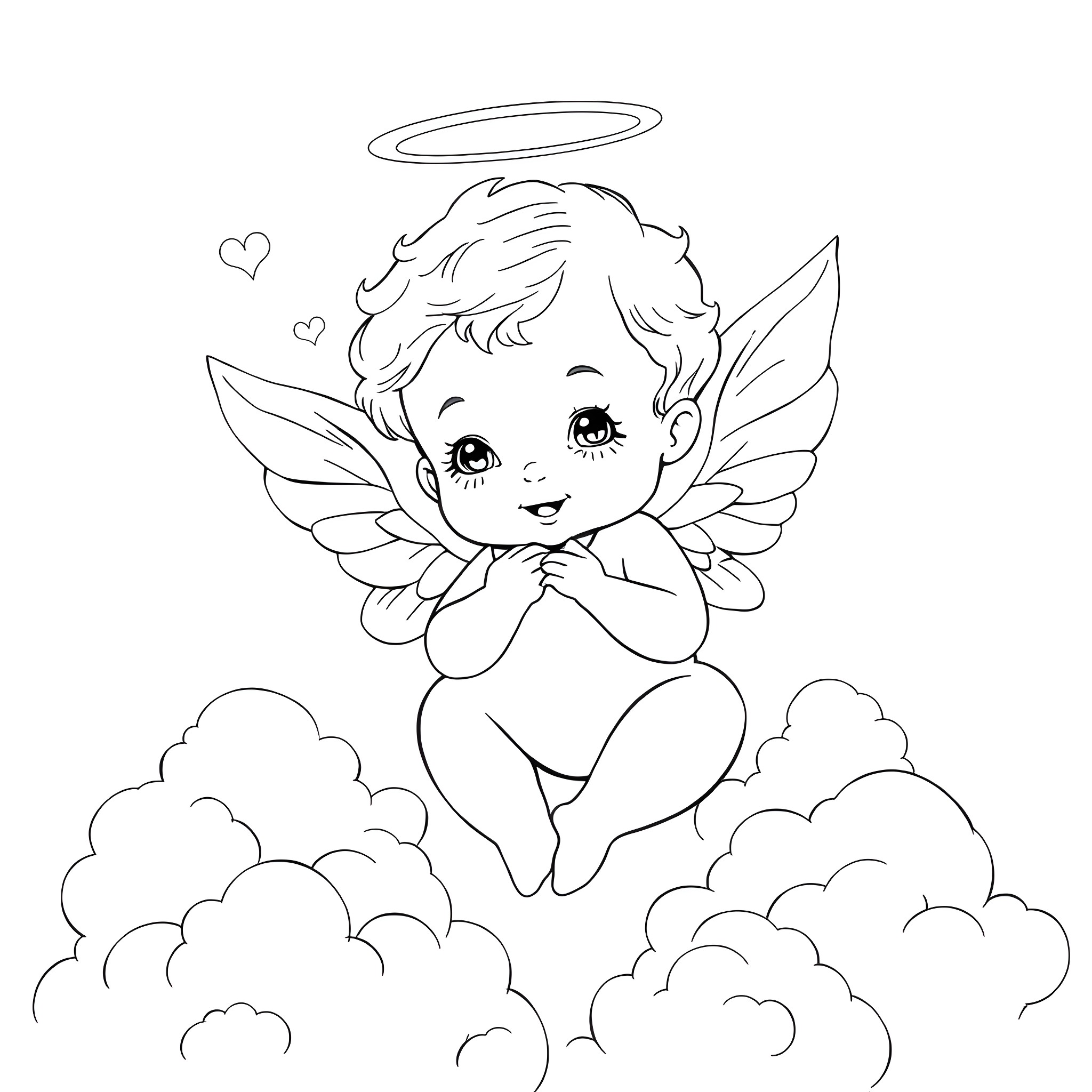 Baby angel with wings and halo in the clouds Coloring Page (free black-and-white line drawing printable PDF for all, from beginners to advanced learners, including children, teens, adults, and seniors)