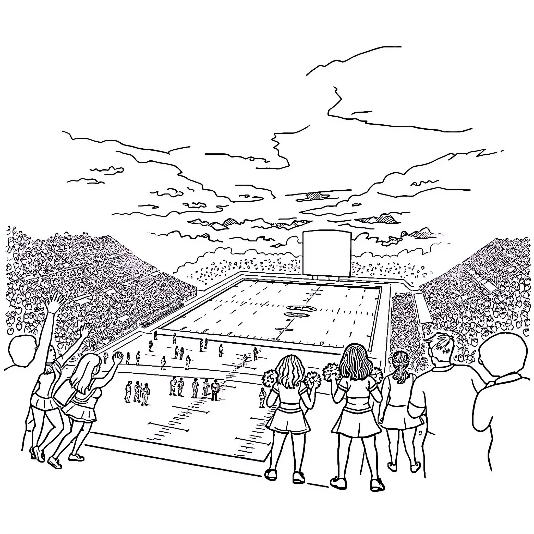 Football players and fans at the stadium Coloring Page (free black-and-white line drawing printable PDF for all, from beginners to advanced learners, including children, teens, adults, and seniors)