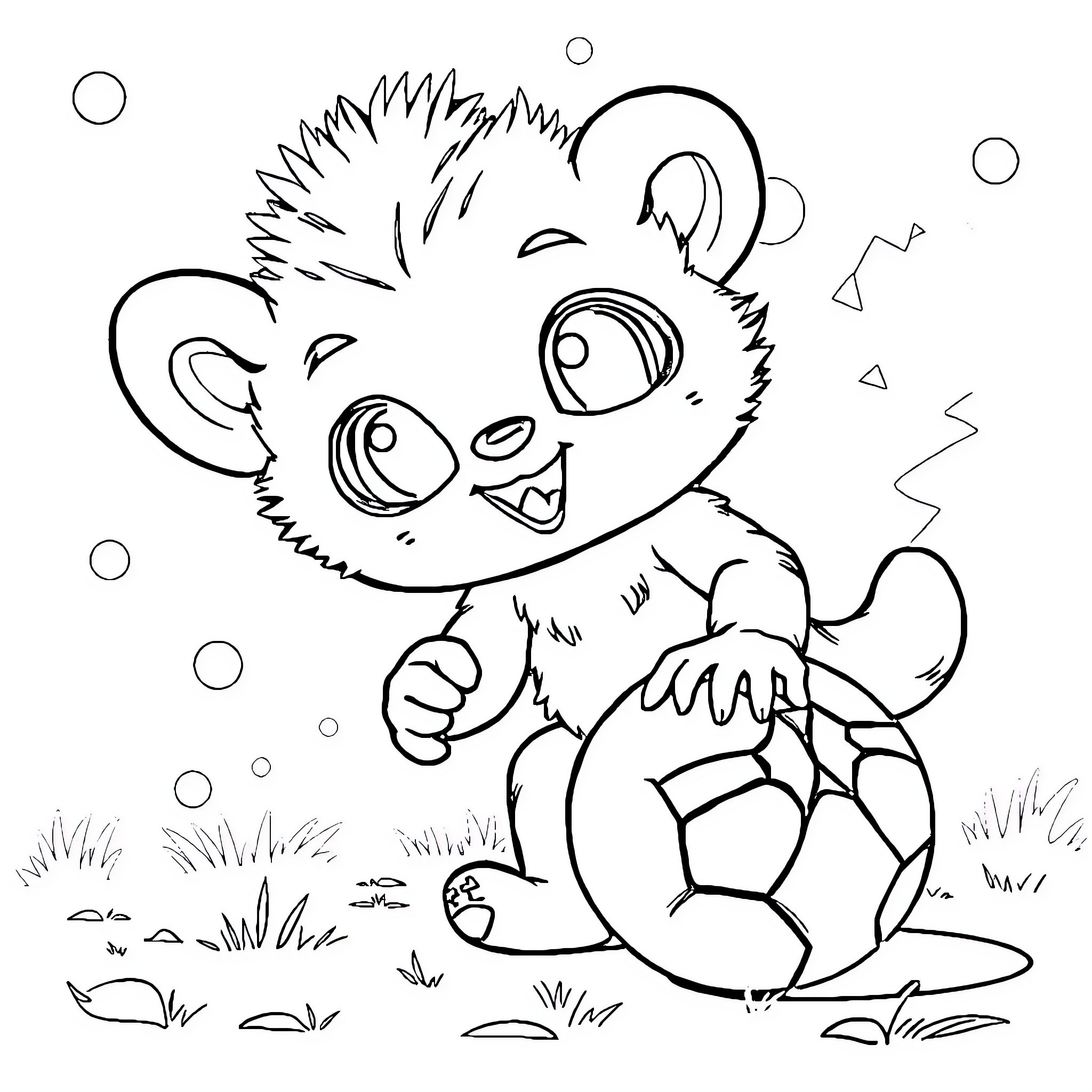 Cat playing with a ball Coloring Page (free black-and-white line drawing printable PDF for all, from beginners to advanced learners, including children, teens, adults, and seniors)