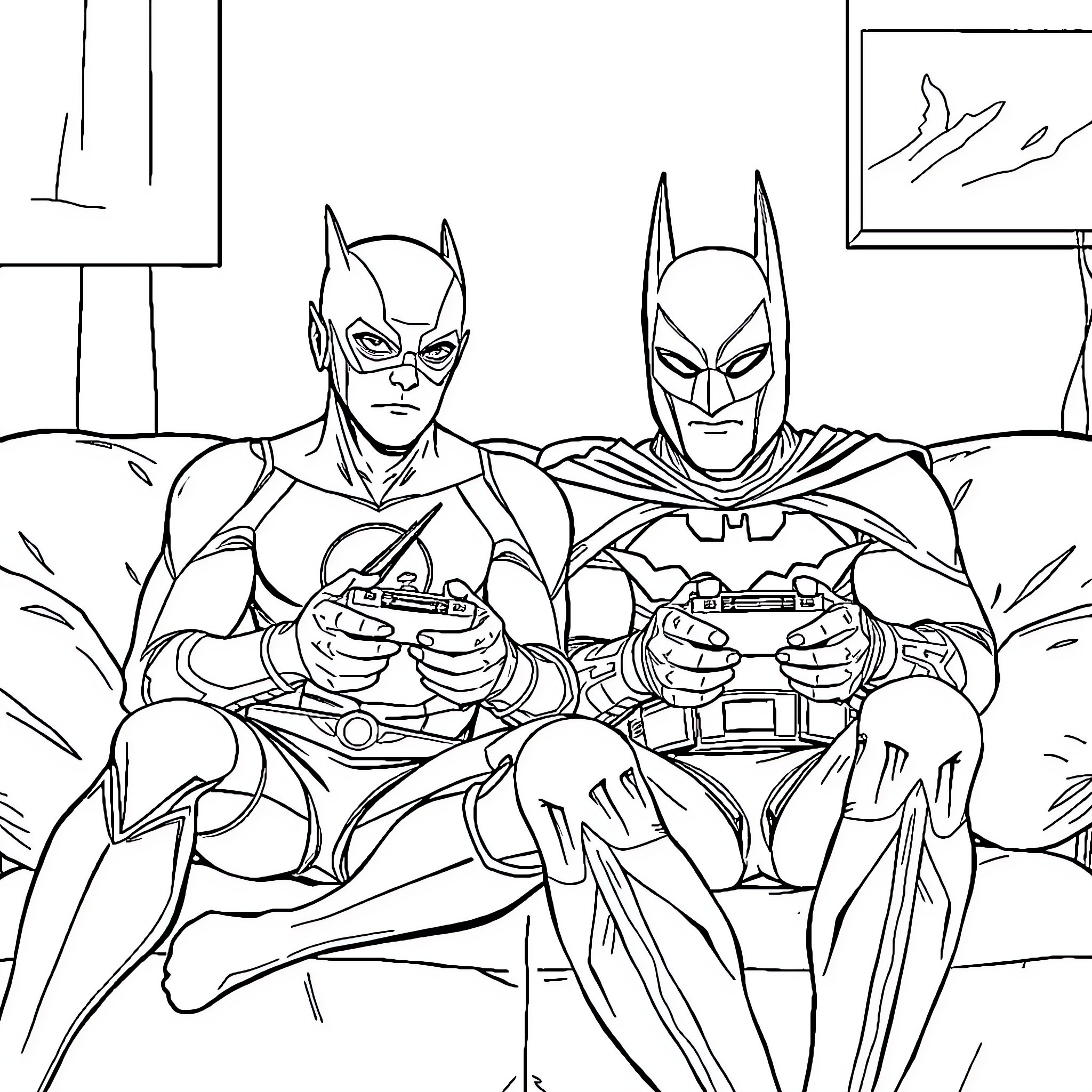 Flash Heroes Challenge Video Game Challenge Coloring Page (free black-and-white line drawing printable PDF for all, from beginners to advanced learners, including children, teens, adults, and seniors)
