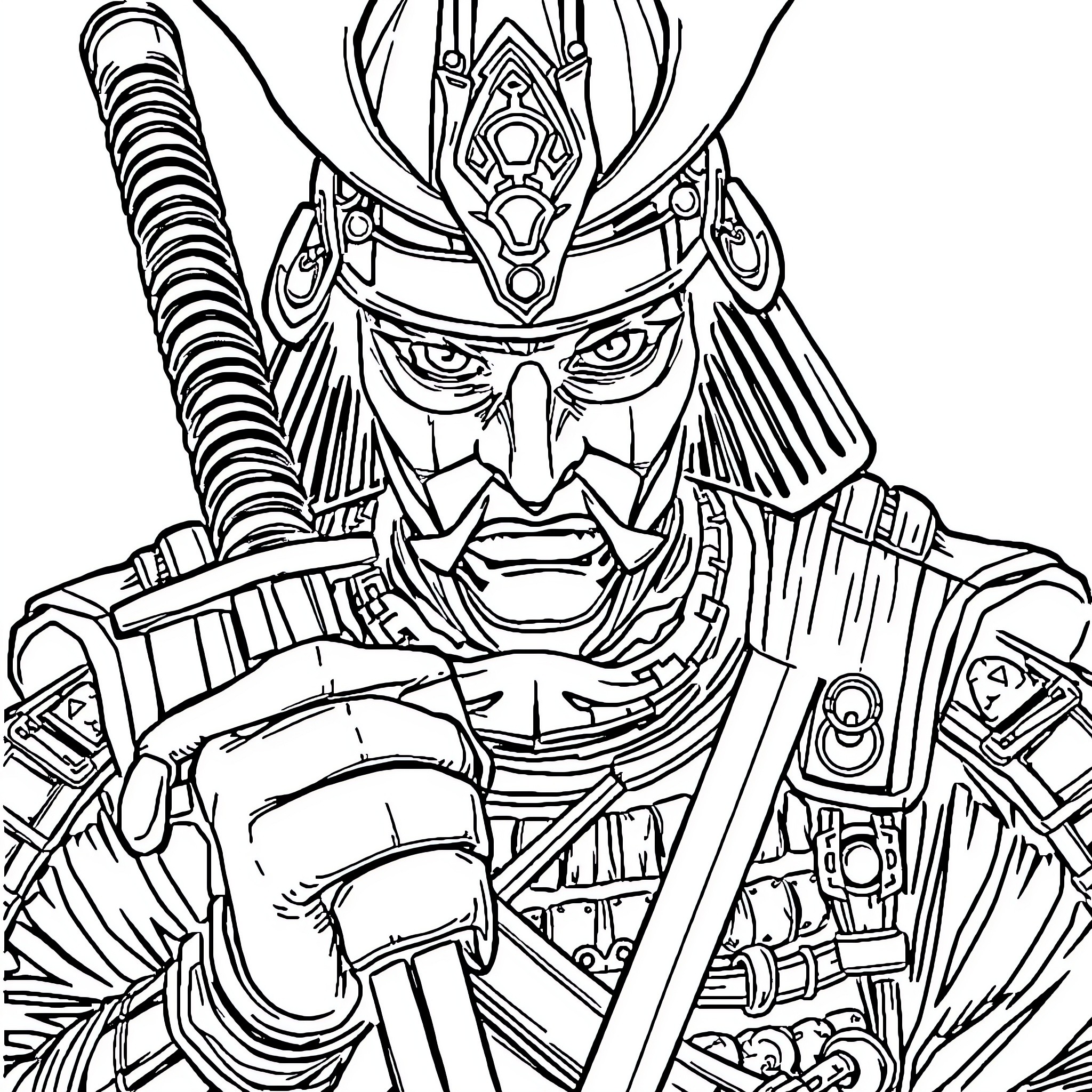 Samurai Warrior in Fierce Battle Stance Coloring Page (free black-and-white line drawing printable PDF for all, from beginners to advanced learners, including children, teens, adults, and seniors)