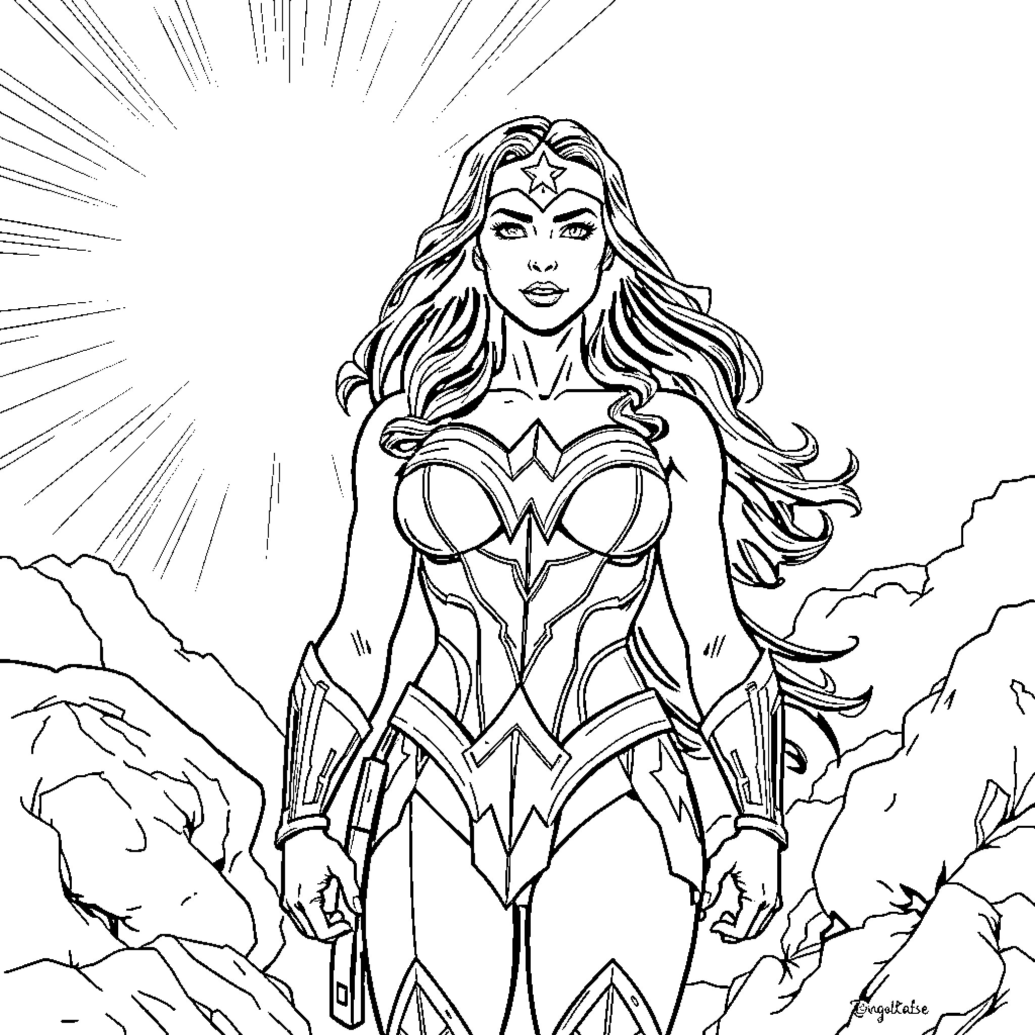 Wonder Woman in action-packed heroic pose Coloring Page (free black-and-white line drawing printable PDF for all, from beginners to advanced learners, including children, teens, adults, and seniors)