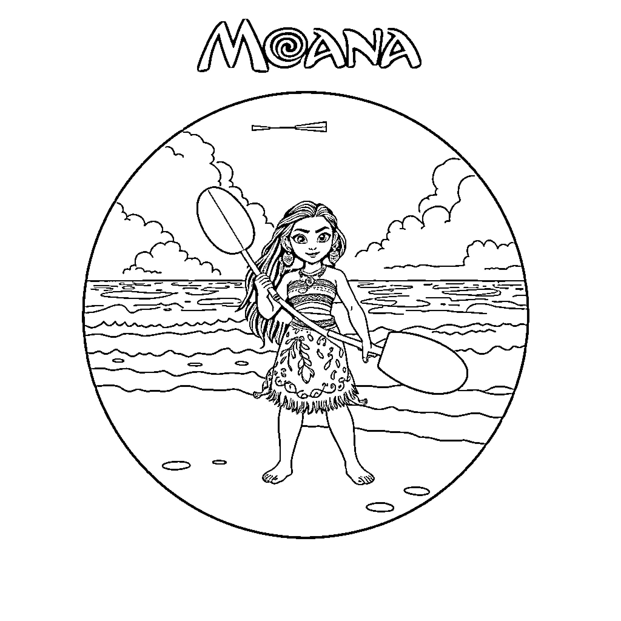 Moana exploring the ocean shoreline Coloring Page (free black-and-white line drawing printable PDF for all, from beginners to advanced learners, including children, teens, adults, and seniors)